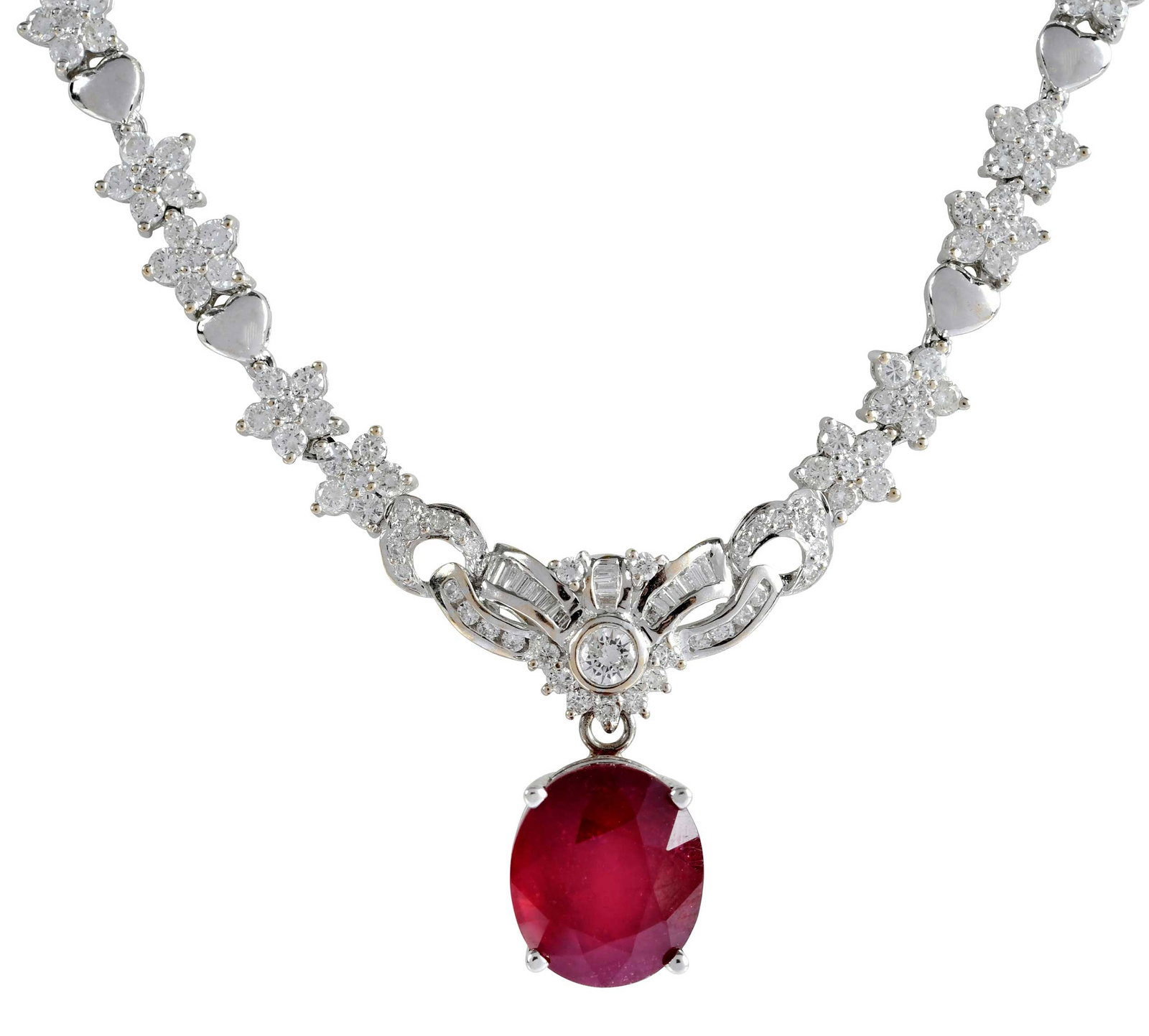 18kt. Oval Ruby and Diamond Floral Necklace: oval faceted cut ruby, approx. 12.00ct., fancy link chain, round faceted and baguette cut diamonds, approx. 5.00ctw., marked "750", white gold, 18 in. length, 23.8 g Provenance: Private Collection, Vi