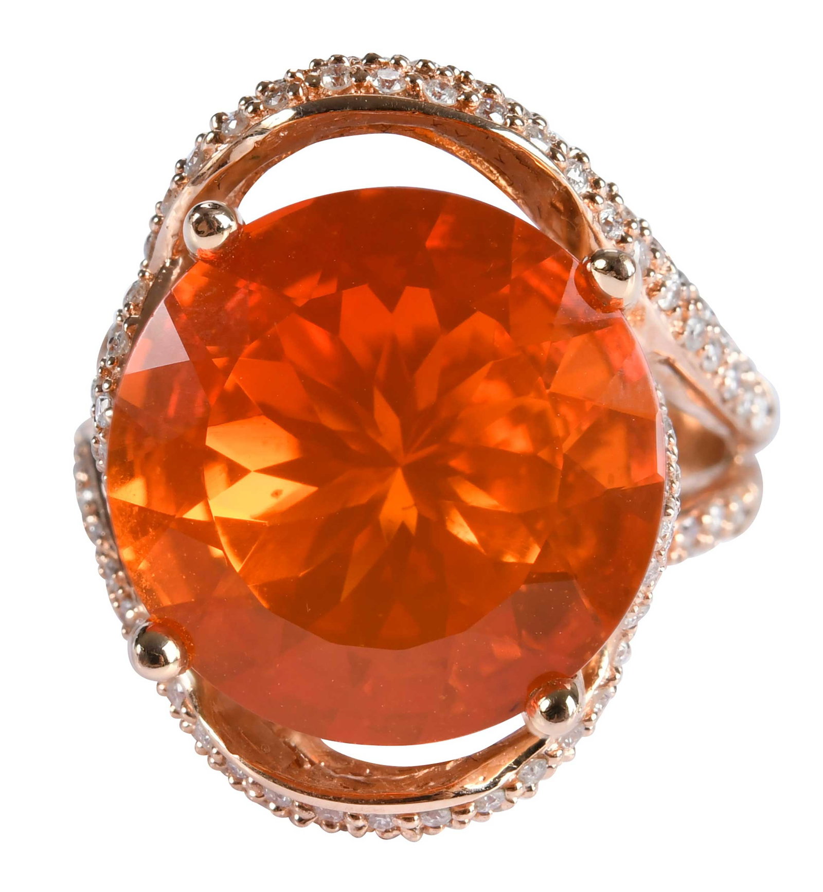 14kt. Mexican Fire Opal and Diamond Ring: round faceted fire opal, approx. 10.52ct., round faceted diamonds, approx. 1.07ctw., marked "14K", rose gold, 9-1/4 ring sz., 14.2 g Provenance: Private Collection, Virginia Beach Note: Accompanied by