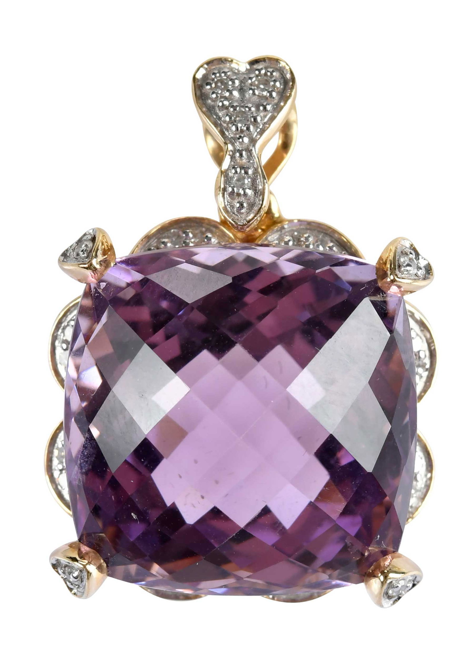 14kt. Cushion Cut Amethyst and Diamond Pendant - GAL: cushion checkerboard cut amethyst, approx. 19.00ct., 24 round single cut diamonds, marked "14K", yellow gold, 1 in. length, 9.1 g Provenance: Private Collection, Virginia Beach Note: Accompanied by a 