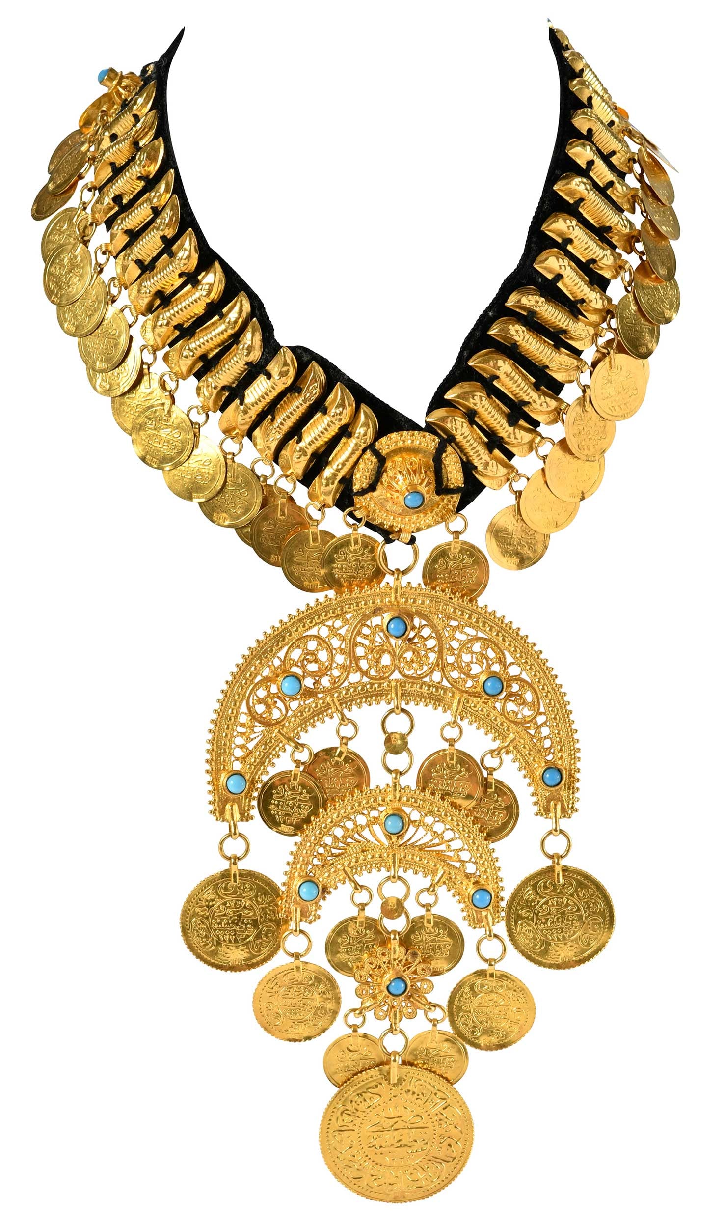 21kt. Turquoise Filigree Kirdan Necklace: 11 round cabochon turquoise, featuring multiple repousse dangling coin medallions, double filigree crescent moons, 2-7/8 x 5-1/2 in., tested 86.73% gold, fastened onto a fabric band, 18 in. length, 10