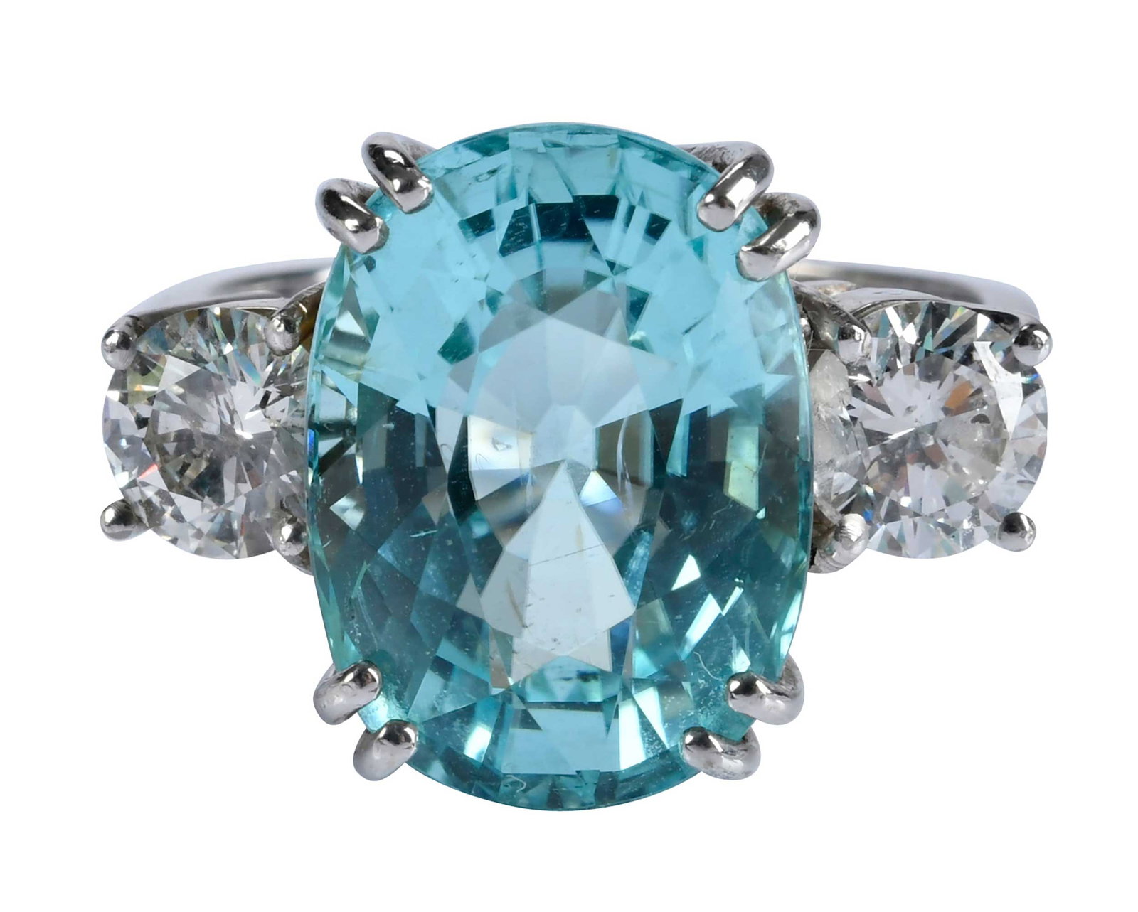 18kt. Paraiba Type Tourmaline and Diamond Three Stone Ring - AGL: center oval faceted Mozambique Paraiba type tourmaline, approx. 15.56 x 11.38 x 9.12mm, approx. 10.25ct., AGL #1109632, two round faceted diamonds, approx. 1.50ctw., I1-I2, G-H, marked "18K", white go