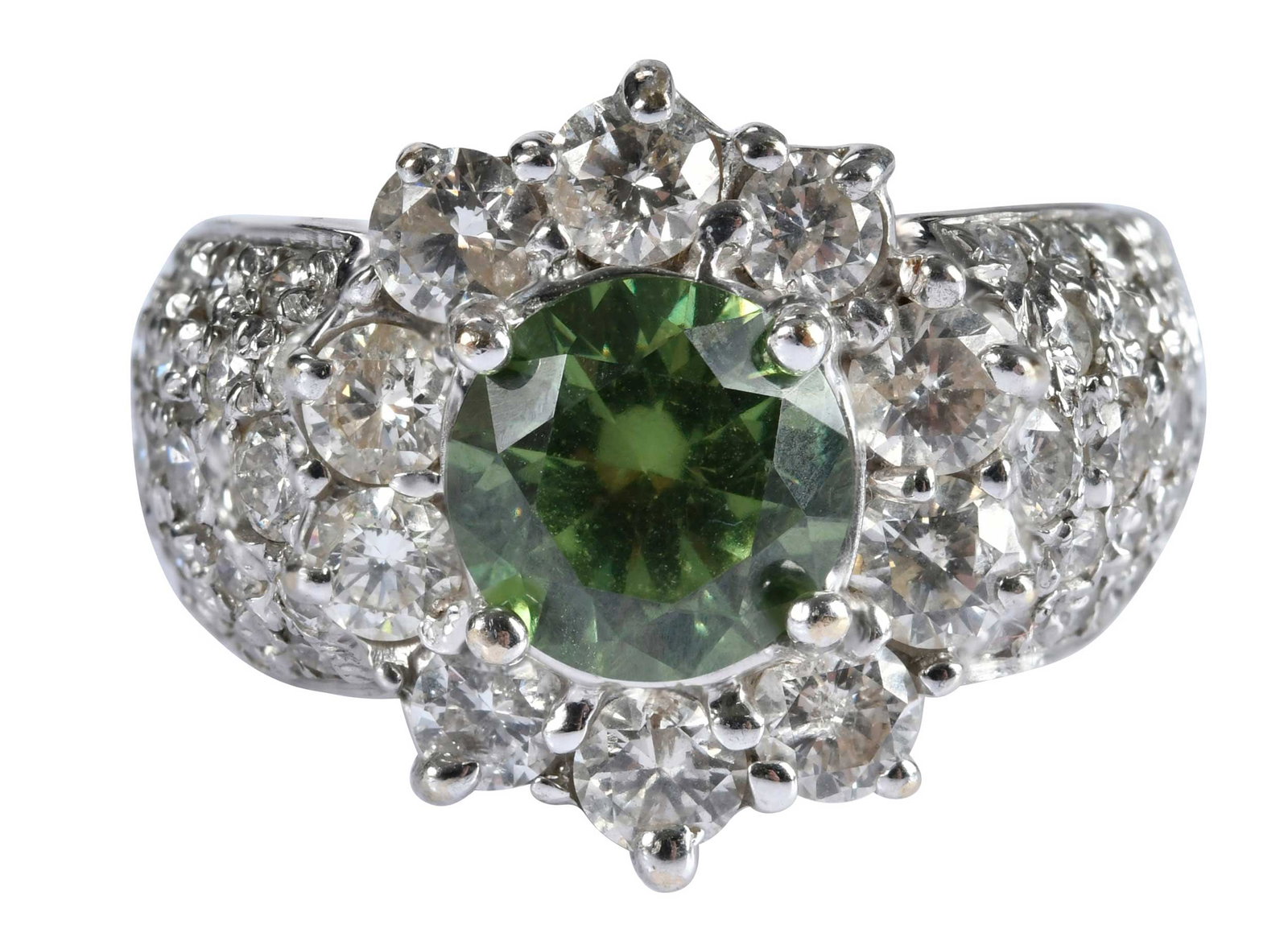 18kt. Demantoid Garnet and Diamond Ring: round faceted Demantoid garnet, approx. 2.17ct., 10 round faceted diamonds set in halo, shoulders 56 round faceted diamonds, approx. 3.00ctw., marked "18K" white gold, 8 ring sz., 10.0mm wide shoulder