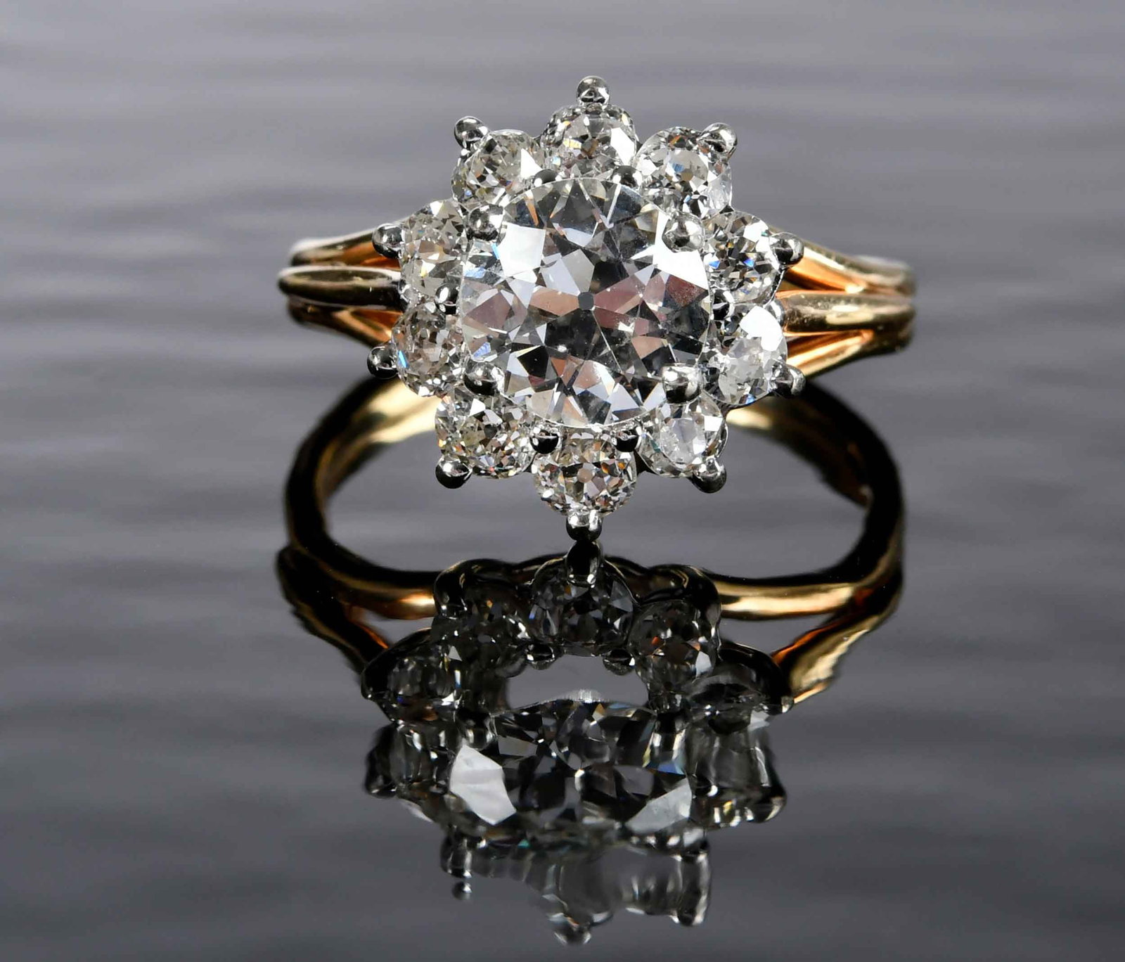 14kt. Old European Cut Diamond Halo Ring - GIA: center old European cut diamond, approx. 1.60ct. VS, H-I, ten old Mine cut diamonds, approx.1.40ctw., SI, F-I, GIA # A19AW, tests 14kt. yellow and white gold, 8 ring sz., 4.9 g Provenance: Private Col