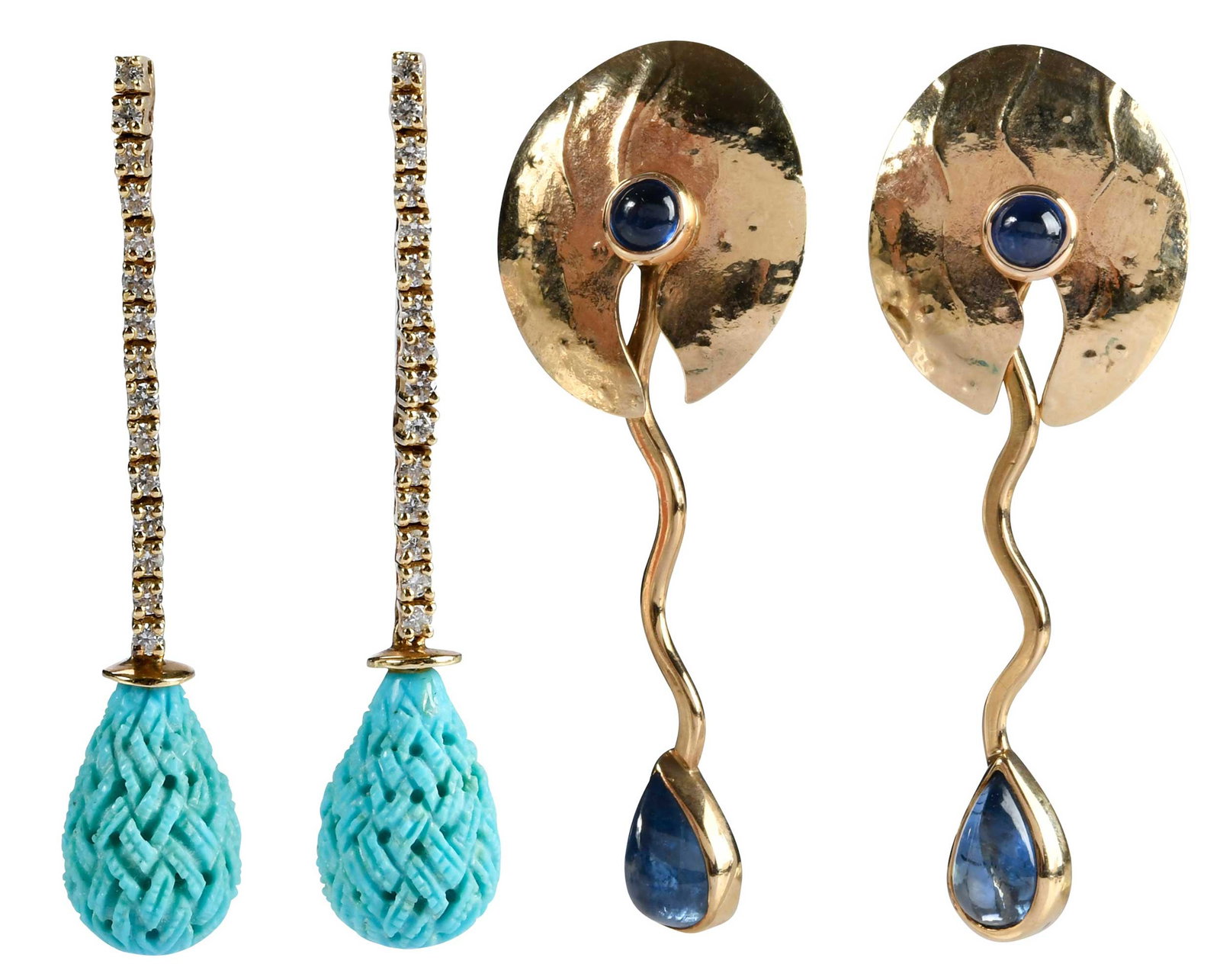 Two Pairs of 14kt. Drop Style Earrings with Gemstones, Diamonds, Turquoise and Sapphire: two carved briolette shaped turquoise, 30 round faceted diamonds, approx. 0.50ctw., tests 14kt. yellow gold, post backs, 1-3/4 in. length, 6.4 g; two round cabochon cut blue sapphires, two pear shaped