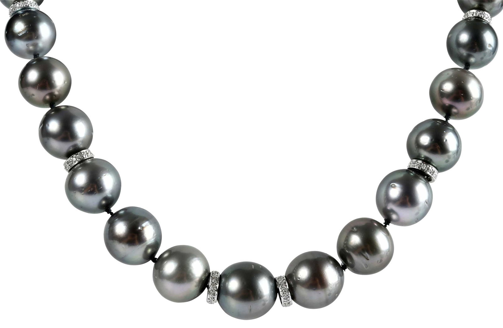 14kt. Single Strand Tahitian Pearl Necklace with Diamond Spacers and Clasp: 31 gray Tahitian pearls, graduating in size, approx. 12.0 - 14.5mm, 10 spacers with round faceted diamonds, marked "14K, 585, KCJ", white gold, 13.0mm diameter clasp, 18 in. length, 121.1 g Provenance