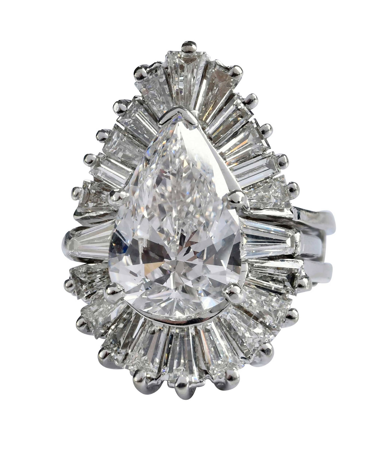 14kt. Mid Century Ballerina Style Diamond Ring - GIA: center ring, classic pear cut diamond, 3.10ct., VS2, H, GIA #5231872654, flanked by two tapered baguette cut diamonds, tests 14kt. white gold, 4 ring sz.; fits into tapered baguette cut diamond jacket