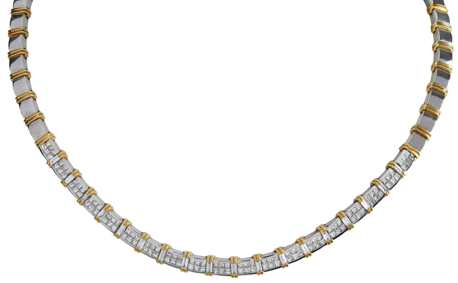 18kt. Two Tone Diamond Collar Style Necklace: 114 princess cut diamonds, 18 straight baguette cut diamonds, approx. 7.25ctw., marked "18K", alternating bar links, white and yellow gold, 8.0mm at widest area, 18 in. length, 102.7 g Provenance: Pri