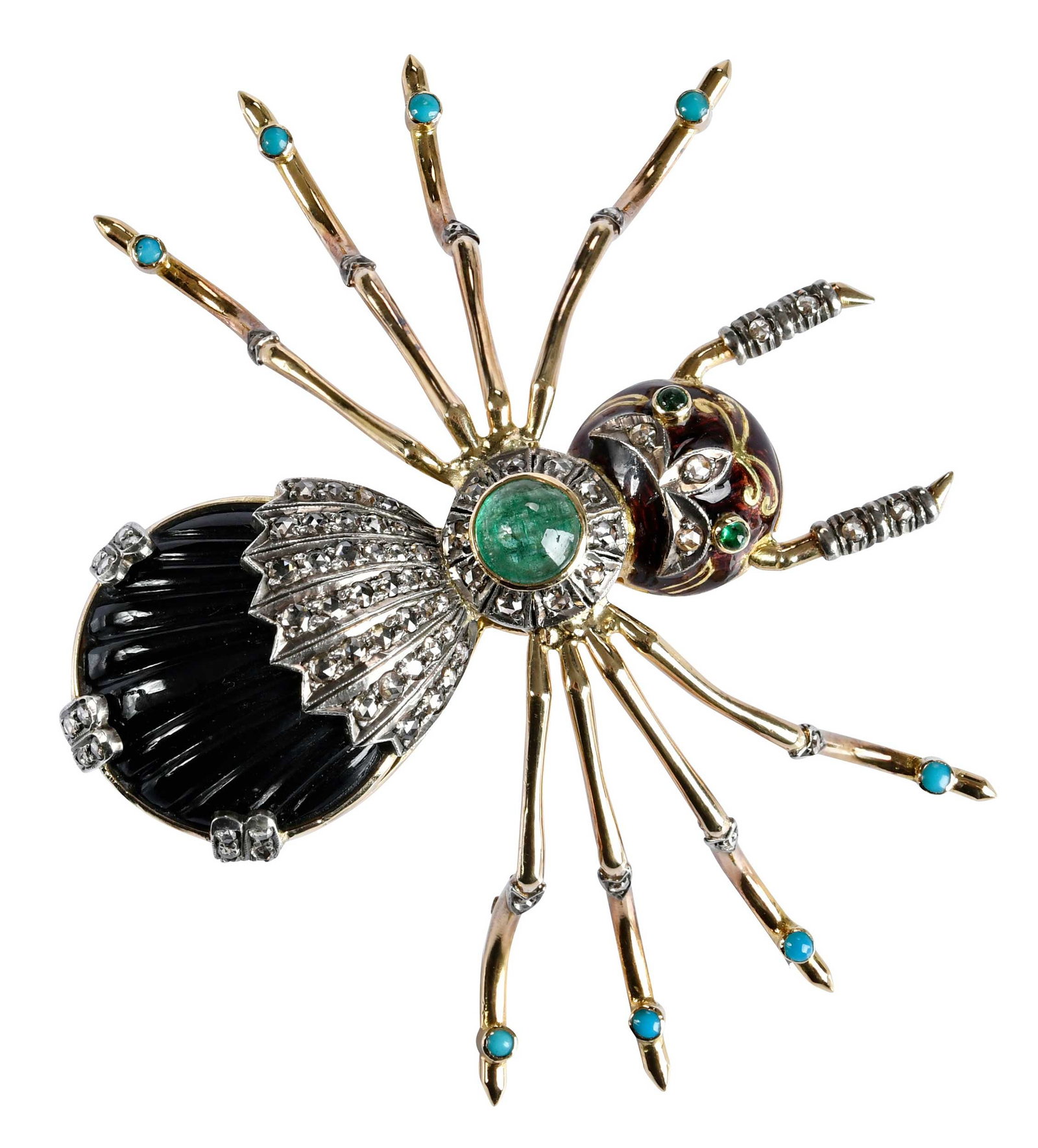 18kt. and SIlver Vintage Enamel and Gemstone Insect Brooch: enameled head, round cabochon cut emeralds on back and for eyes, eight round cabochon cut turquoise on legs, carved black onyx body, accented with round rose cut diamonds, marked "18K", yellow gold an