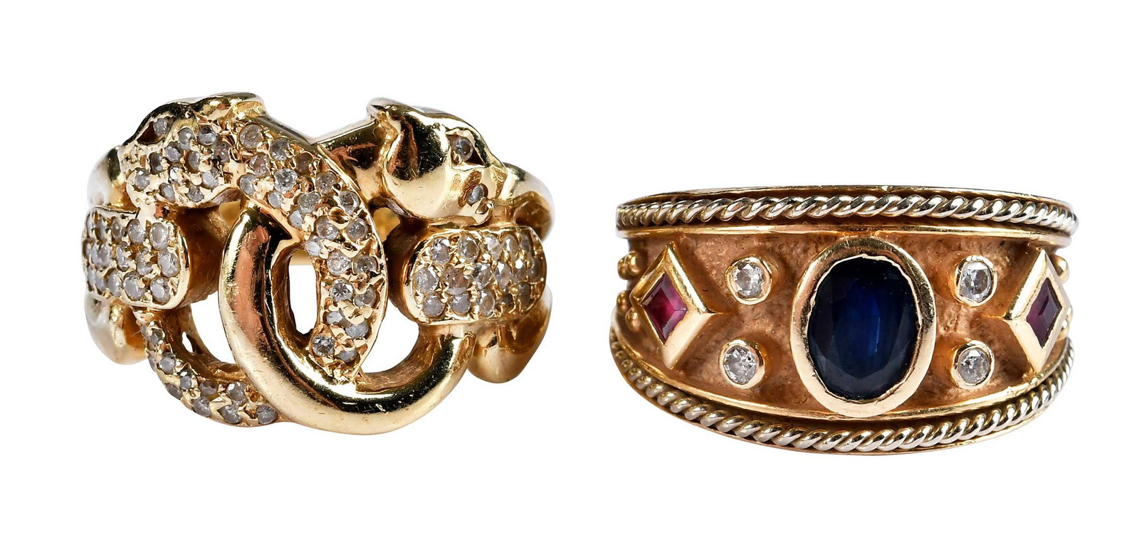 Two 14kt. Fashion Rings with Diamonds and Gemstones: Byzantine style band, center oval faceted blue sapphire, two square step cut rubies, four round faceted cut diamonds, tests 14kt. yellow gold, 9-1/4 ring sz.,12.5mm at widest area, 7.3 g; interlocking