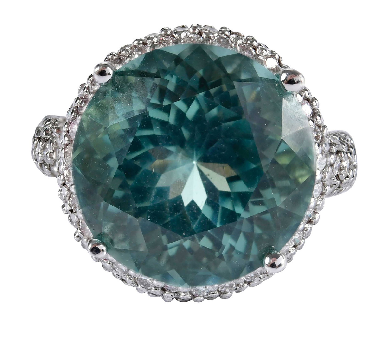 18kt. Round Rare Tourmaline and Diamond Ring: round Portuguese cut tourmaline, approx. 14.85 ct., round faceted diamonds accented in domed circle and shoulders, approx. 2.00ctw., marked "18K", white gold, 8 ring sz., 13.7 g Provenance: Private Co