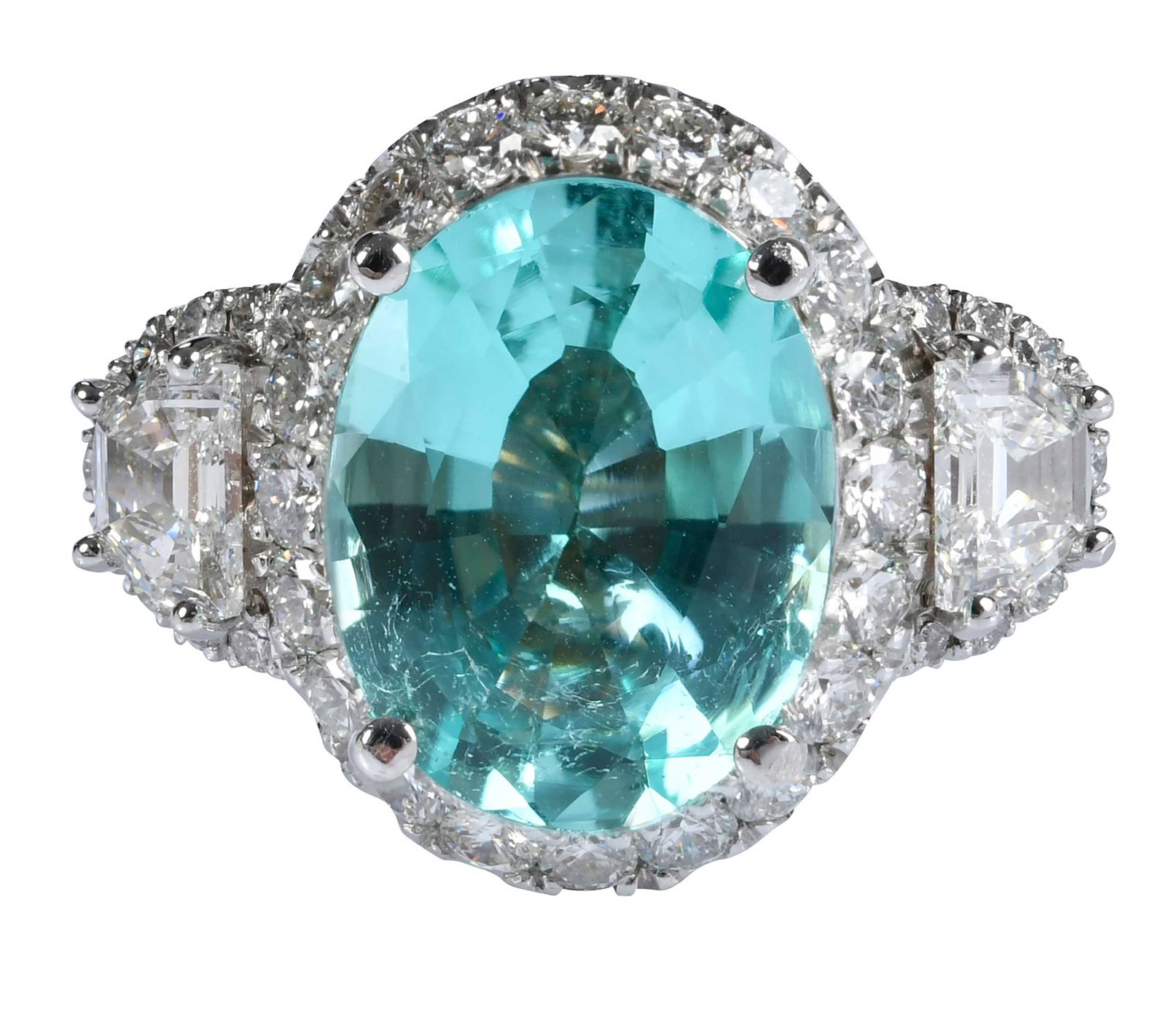 14kt. Paraiba Type Tourmaline and Diamond Halo Ring - GIA: center oval mix cut faceted Mozambique Paraiba type tourmaline, approx. 12.84 x 9.92 x 5.70mm, approx. 4.52ct., GIA #5231922642, two half moon cut diamonds, approx. 0.70ctw., VS, G-H, 52 round faceted