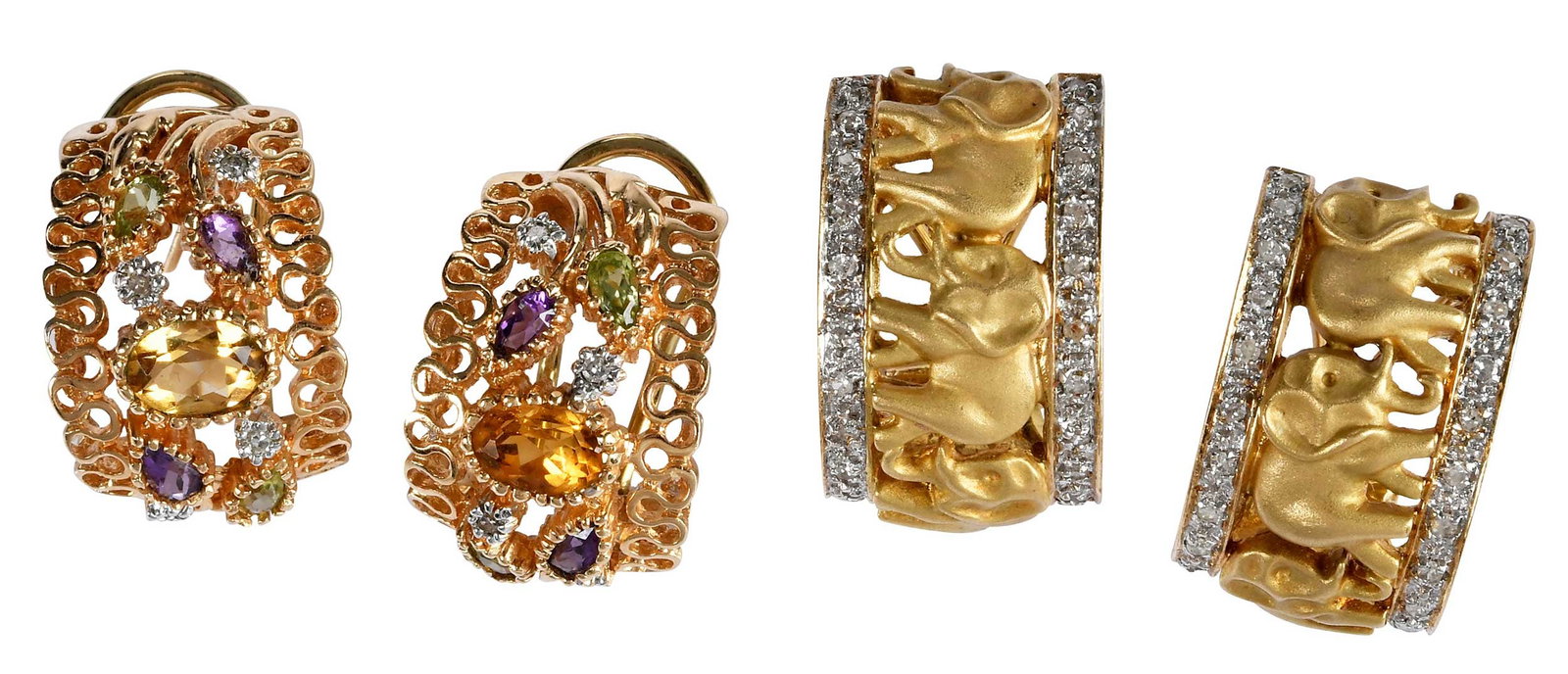 Two Pairs of 14kt. J-Hoop Fashion Earrings with Diamonds and Gemstones: 44 round single cut diamonds, satin finish, marked "14K, 585, SB", yellow gold, omega post backs, 13.5 g; two oval faceted citrine, four pear shape amethyst, four pear shape prasiolite, eight round si