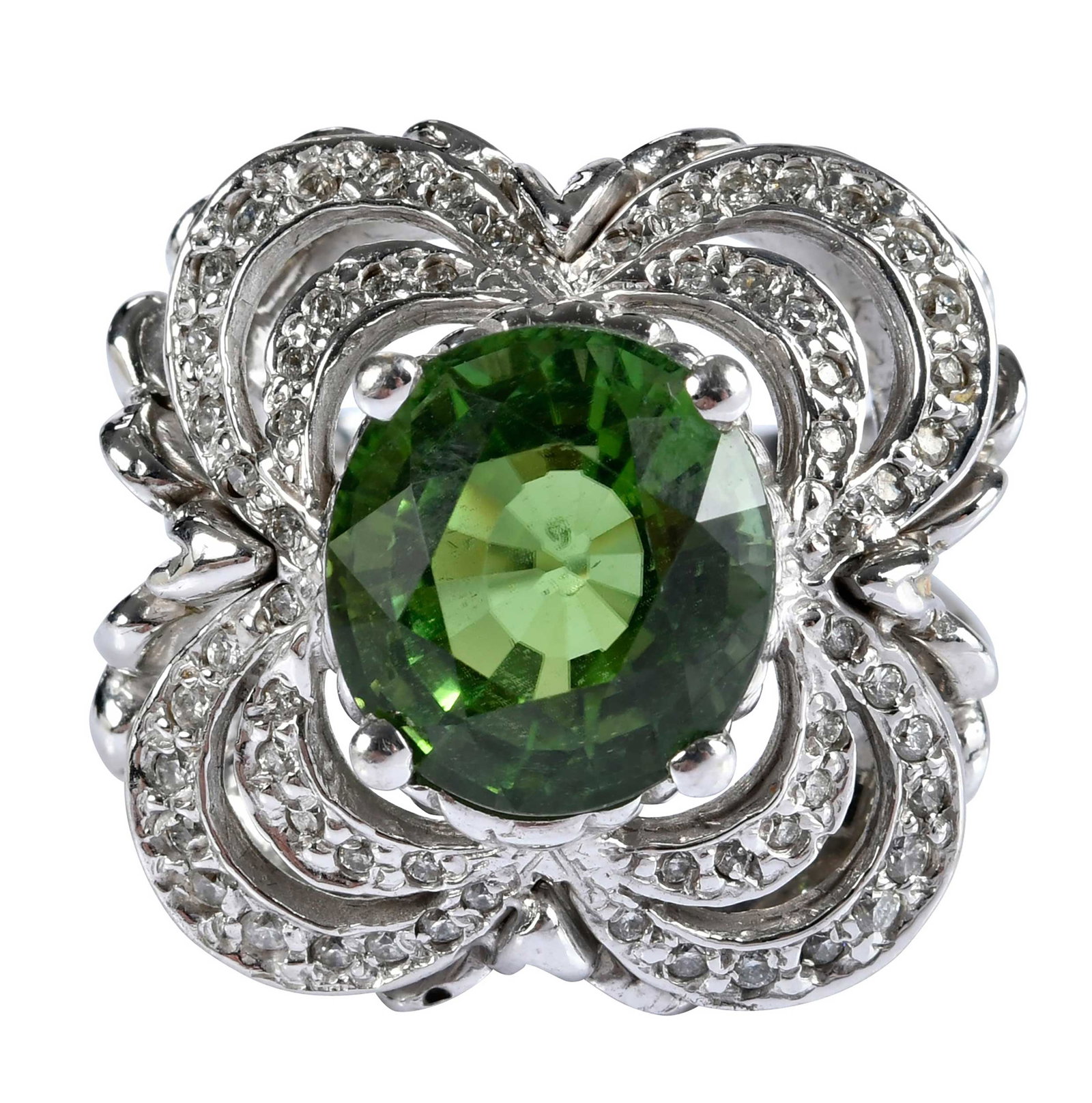 14kt. Green Tourmaline and Diamond Ring: oval faceted green tourmaline, approx. 6.40ct., round faceted diamonds, approx. 0.50ctw., marked "14K", white gold, 8 ring sz., 17.2 g Provenance: Private Collection, Virginia Beach Note: Accompanied 
