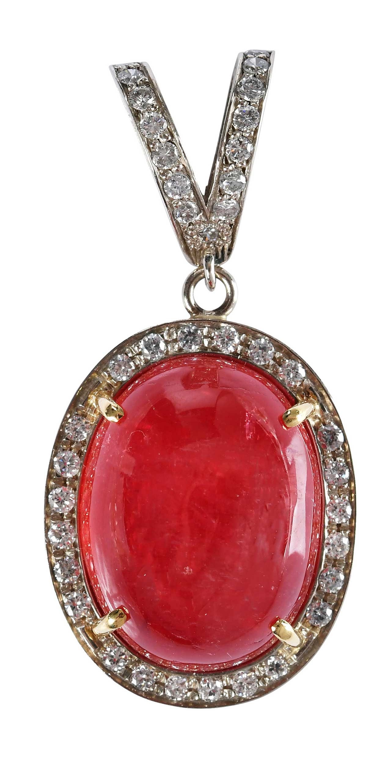 14kt. Two Tone Rhodenite and Diamond Pendant: oval cabochon cut rhodonite, approx. 26.00ct., 39 round faceted diamonds, approx. 0.75ctw., marked "14K", yellow and white gold, 1-5/8 in. length with bail, 11.1 g Provenance: Private Collection, Virg