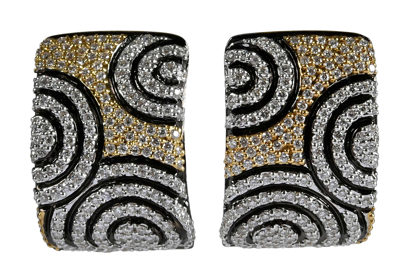 18kt. Two Tone Noah J-Hoop Earrings: pave set, round faceted diamonds, black enamel, marked "750, NOAH", white and yellow gold, post backs, 21.0 x 14.0mm, 14.7 g Provenance: Private Collection, Virginia Beach Note: Accompanied by an appr