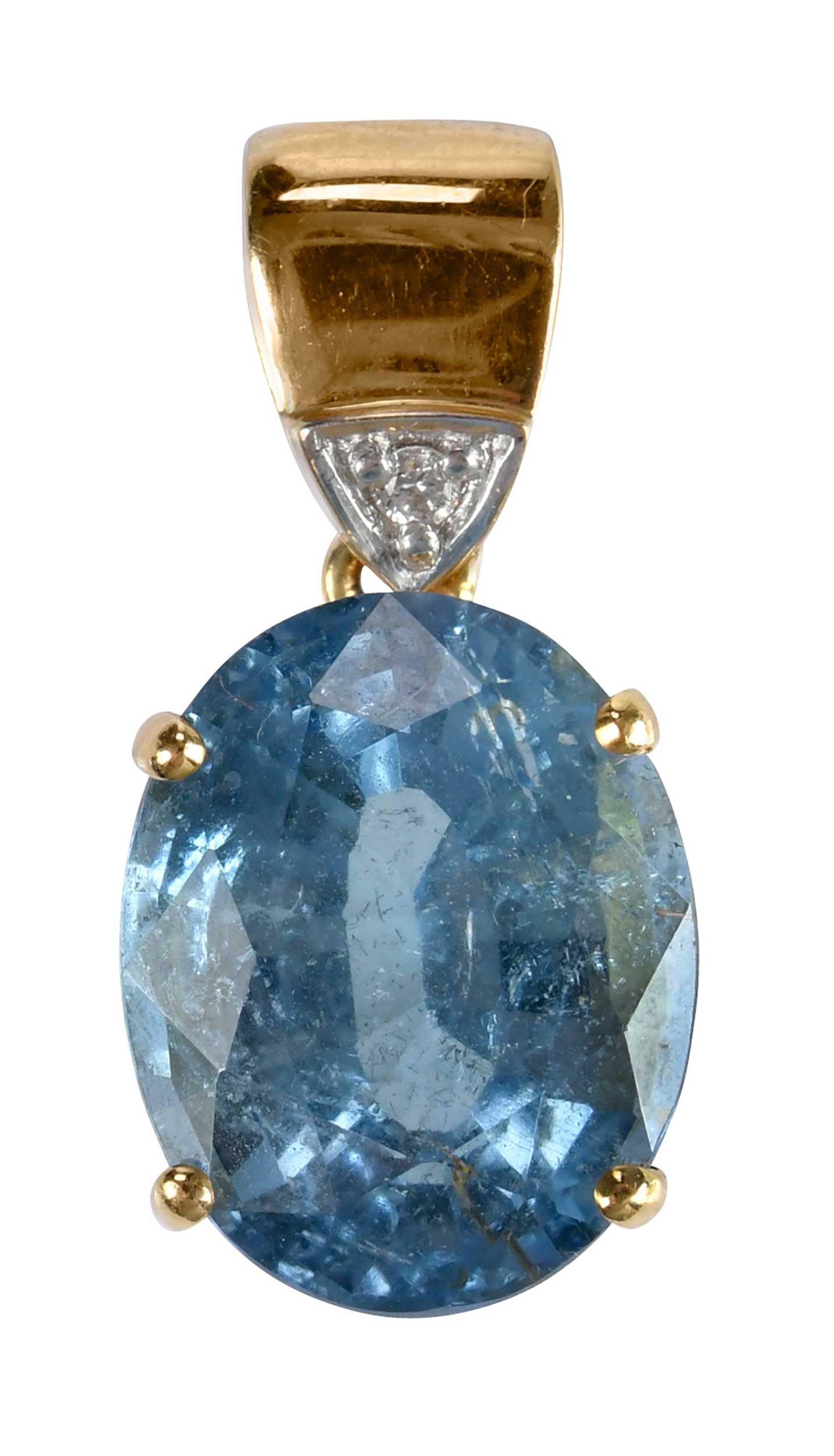 18kt. Light Blue Tourmaline and Diamond Pendant: center oval mixed cut faceted tourmaline, approx. 4.75ct., one round faceted cut diamond, marked "18K", yellow gold, 3/4 in. length, 3.4 g Provenance: Private Collection, Virginia Beach Note: Brunk Au