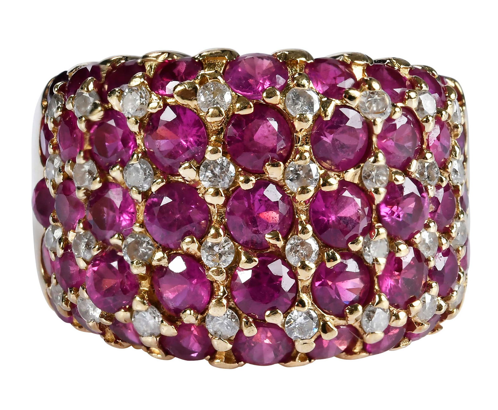 14kt. Multi Row Ruby and Diamond Ring: five rows of round faceted cut rubies, alternating four rows of round faceted diamonds, marked "14k", yellow gold, 9 ring sz., 15.0mm width at widest, 10.4 g Provenance: Private Collection, Virginia B
