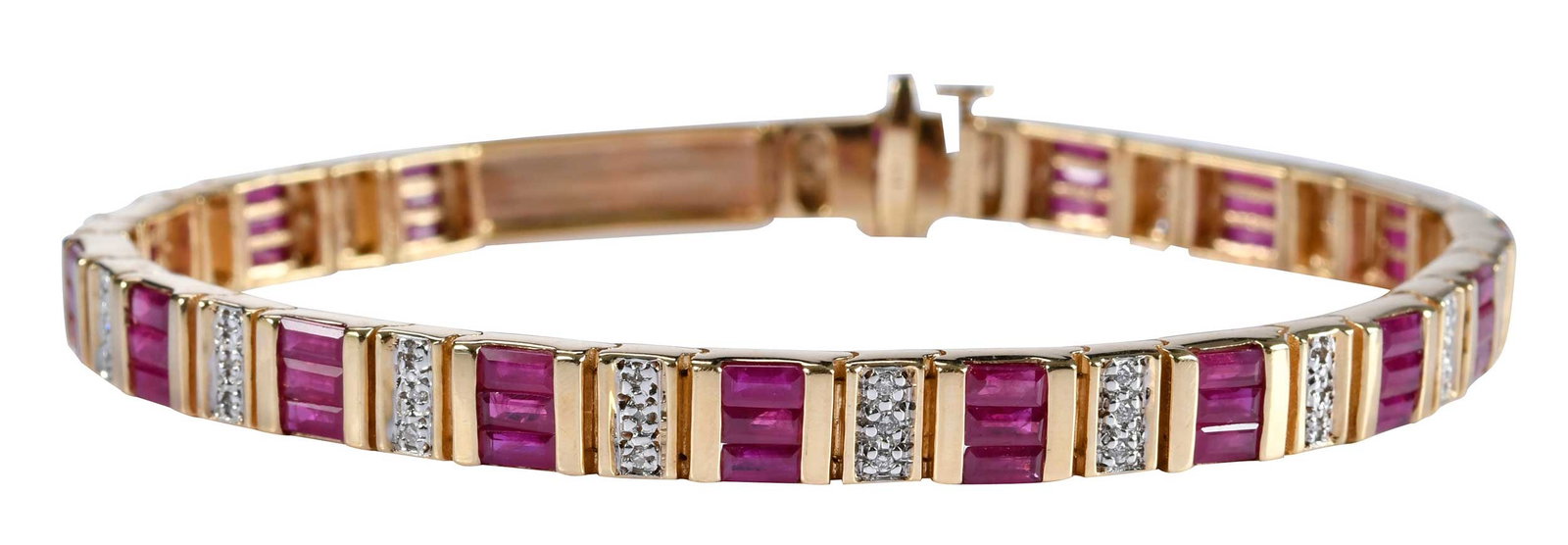 14kt. Princess Ruby and Diamond Line Bracelet: 51 straight baguette cut rubies, approx. 6.25ctw., alternating links, 51 round single cut diamonds, marked " PRINCESS, 14k", yellow gold, initials engraved gold link, 8 in. length, 6.0mm wide, 22.6 g 