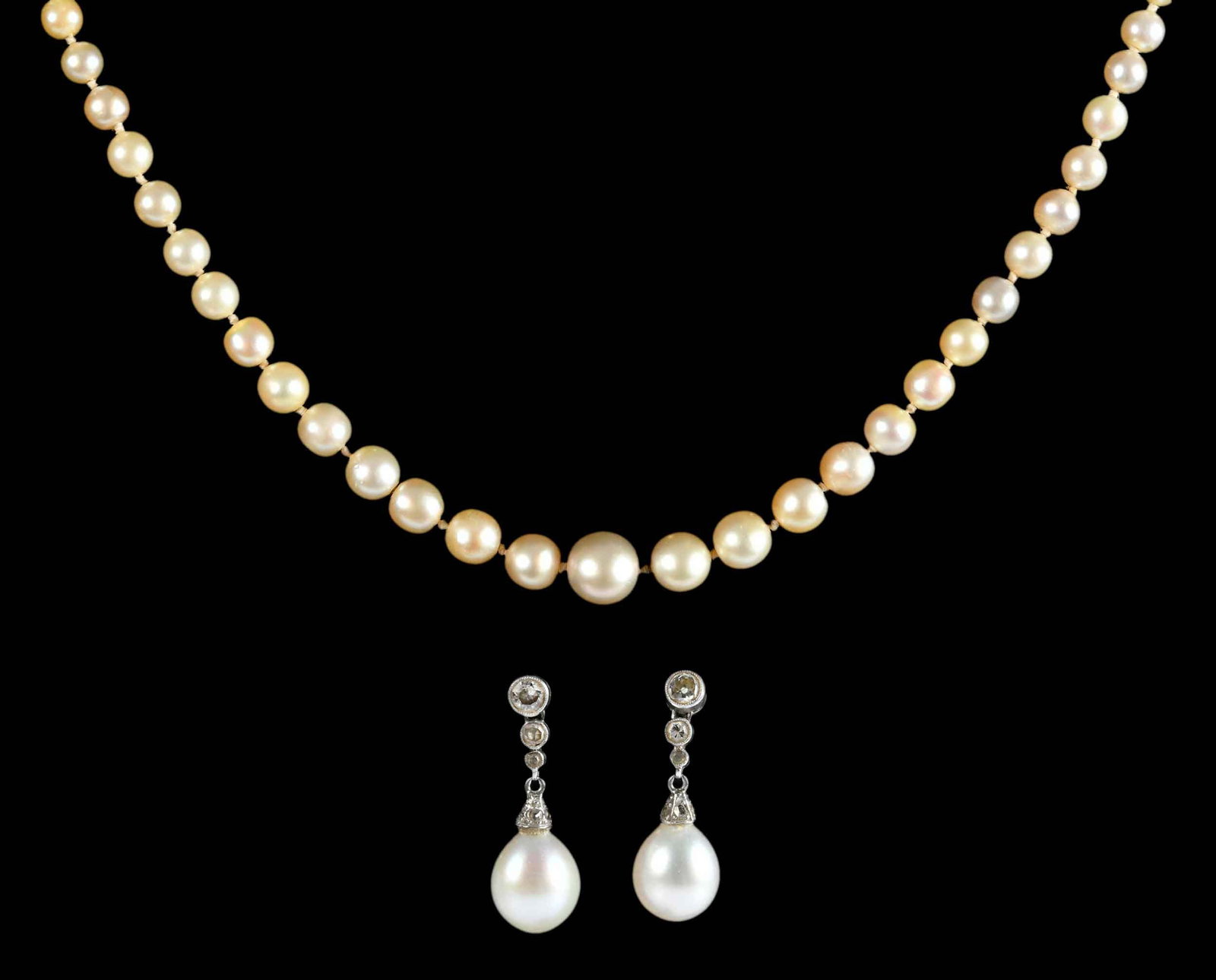 Natural Pearl Necklace, Diamond and Sapphire Clasp and Drop Earrings - GIA (1 of 5)