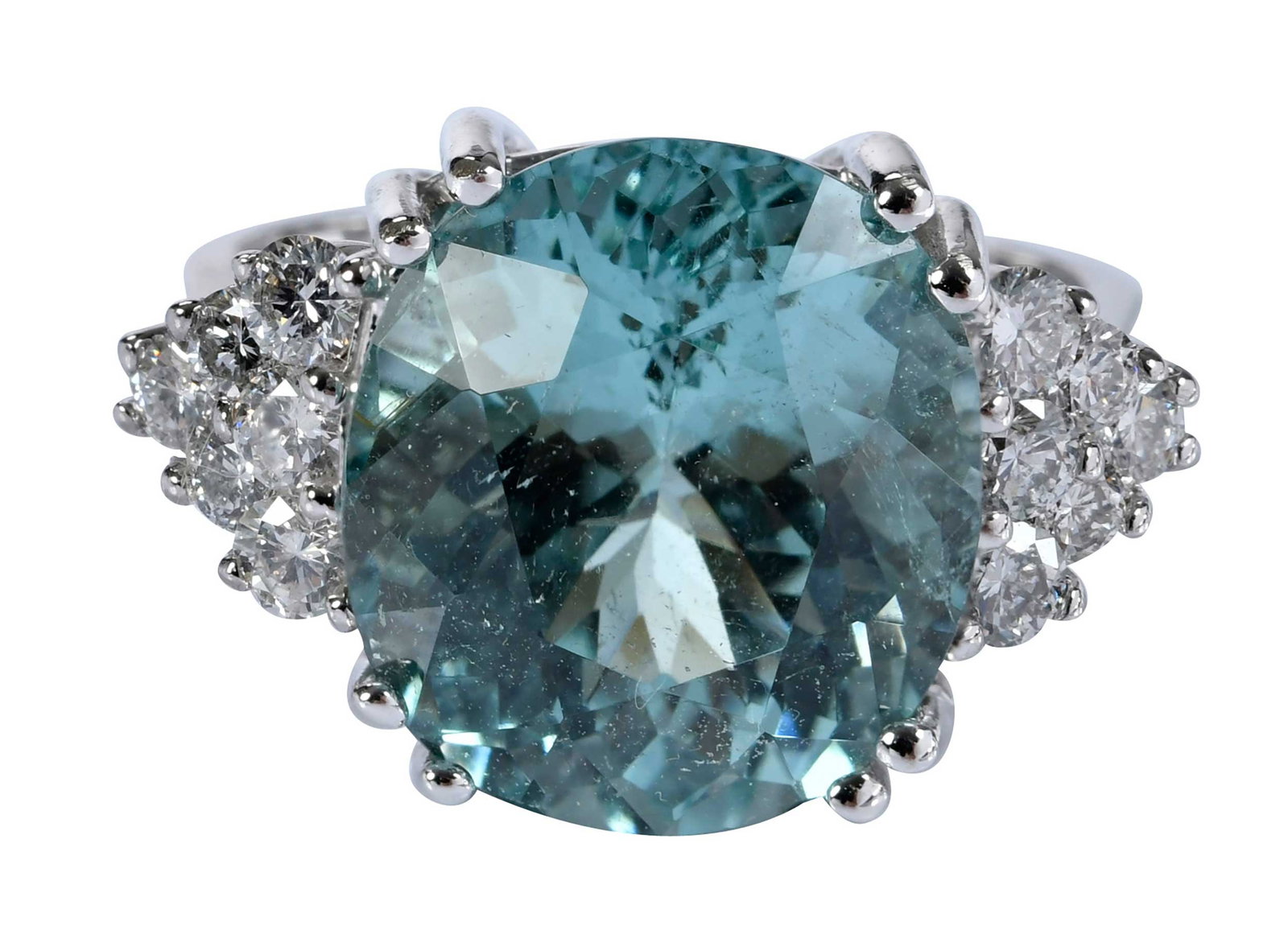 14kt. Paraiba Type Tourmaline and Diamond Double Prong Ring - GIA: center modified cushion faceted Mozambique Paraiba type tourmaline, approx. 13.97 x 12.48 x 9.09mm, approx. 9.55ct., GIA #5231922652, 12 round faceted diamonds, approx.0.75ctw., SI, G-H, marked "14K",