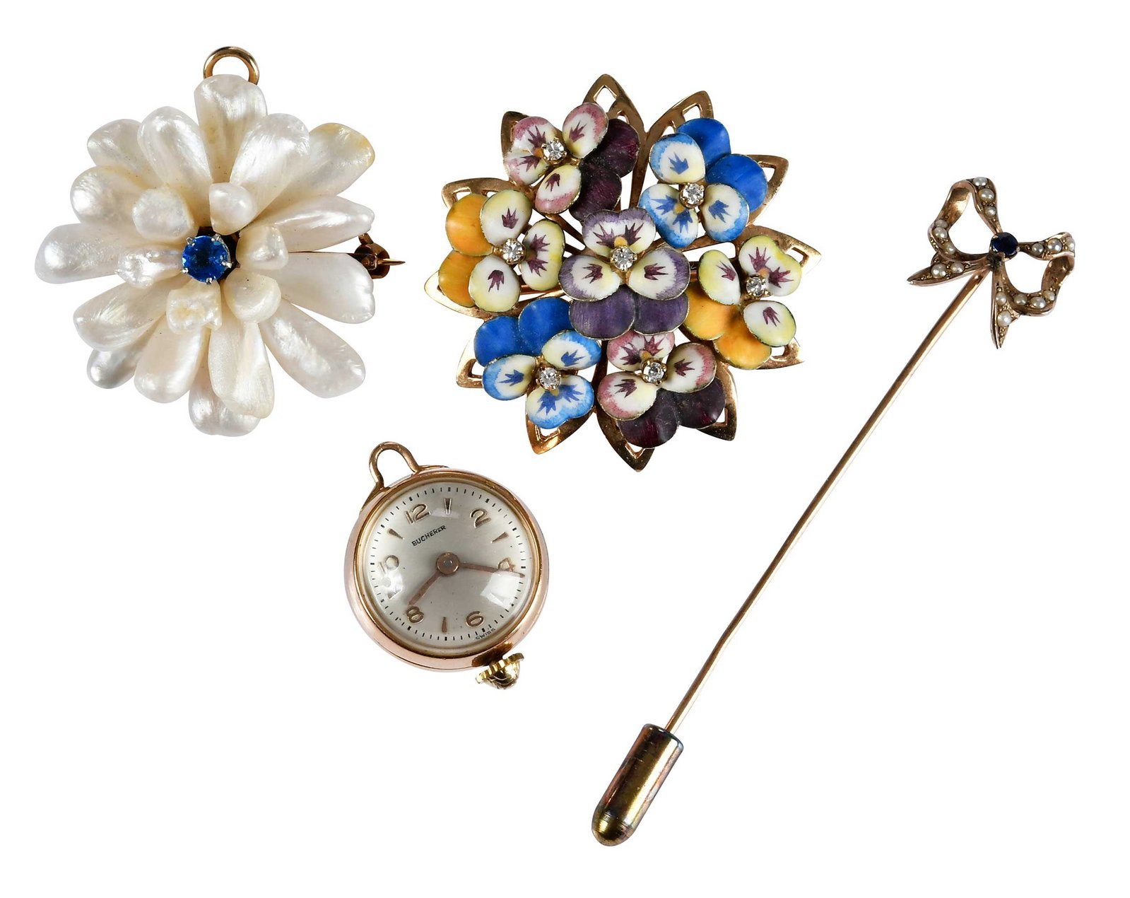 Collection of Vintage Gold Brooches and Bucherer Skeleton Pendant Watch: comprising: cluster of colorful enameled pansies, seven round faceted diamonds, marked "14K", yellow gold, 1-1/4 in. diameter, 8.3 g; cluster of freshwater pearls, round faceted blue sapphire center, 