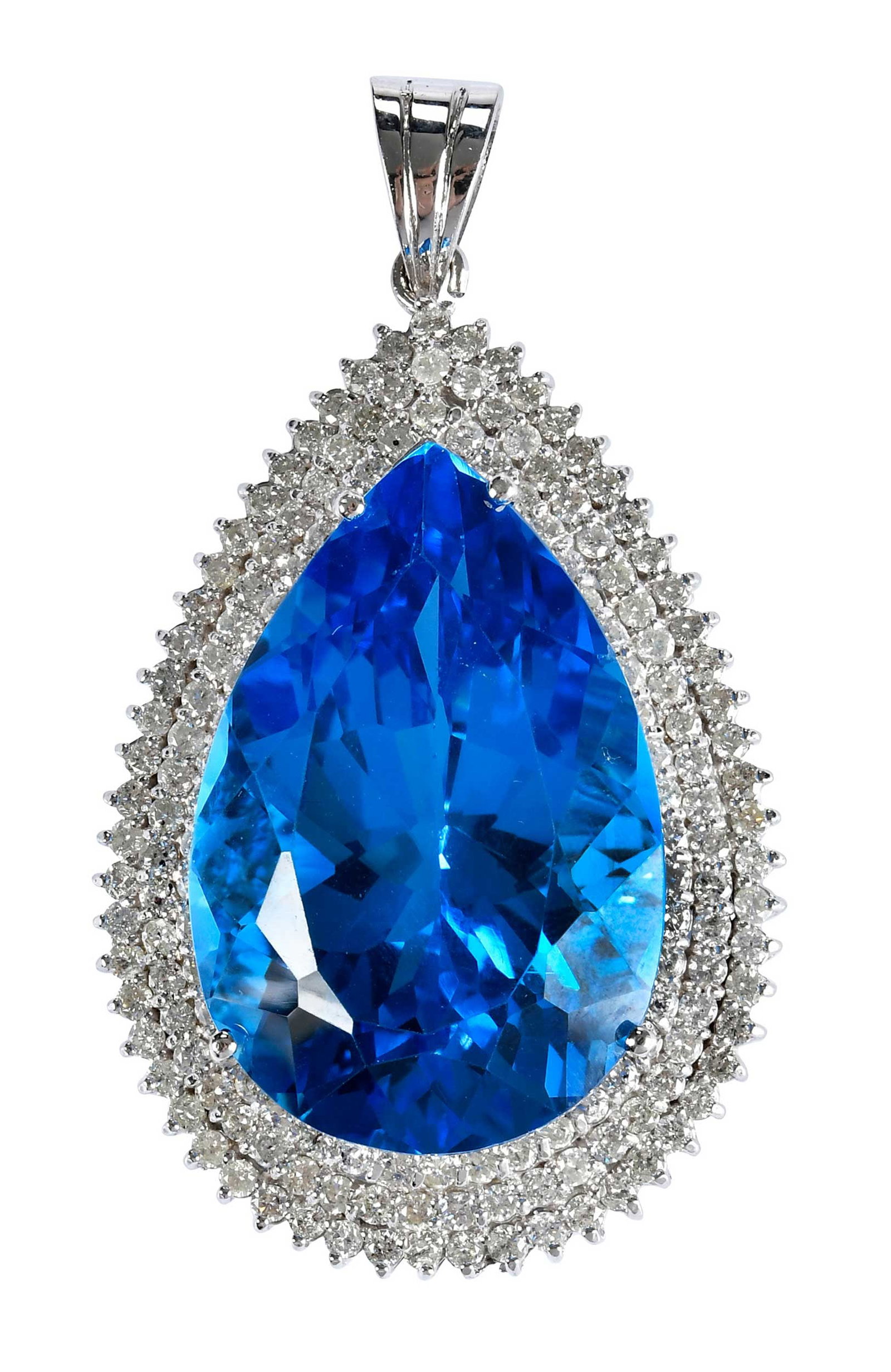 14kt. London Blue Topaz Triple Diamond Halo Pendant: pear Portuguese cut London blue topaz, approx.101.20ct., 158 round faceted diamonds, approx. 4.50ctw., tests 14kt. white gold, 2-3/8 in. length with bail, 1-3/8 in. at widest, 39.1 g Provenance: Priva
