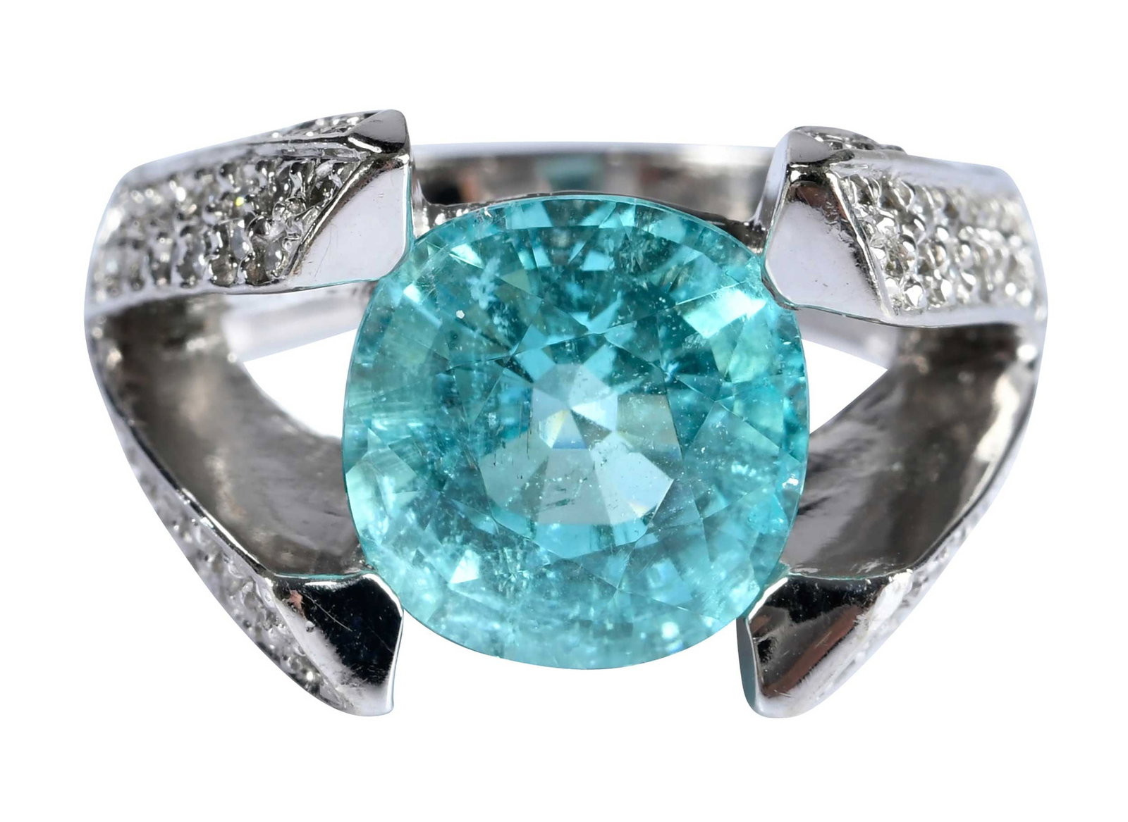 14kt. Paraiba Type Tourmaline Split Shank Diamond Ring - GIA: oval mix cut faceted Mozambique Paraiba type tourmaline, approx. 11.31 x 10.90 x 7.29mm, approx. 5.50ct., GIA # 223592247, 110 round faceted diamonds, approx. 1.10ctw., SI-I, H-I, marked "14K", white 