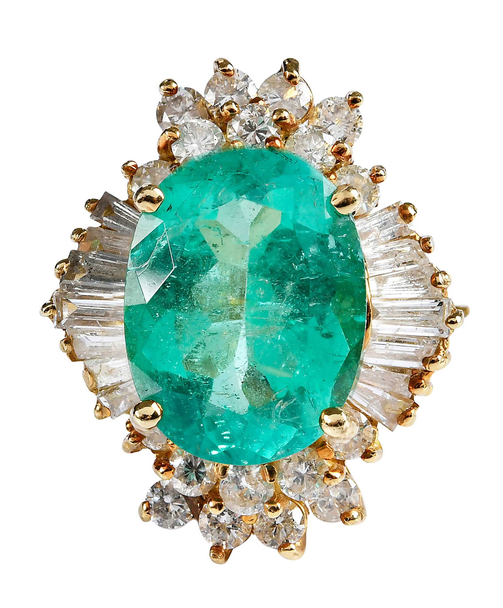 18kt. Oval Faceted Emerald and Diamond Cocktail Ring: oval faceted emerald, approx. 6.15ct., 14 straight and tapered baguette cut diamonds, 18 round faceted diamonds, approx. 1.85ctw., SI-I, H-I, marked "18K", yellow gold, 9-1/4 rings sz., 12.0 g Provena