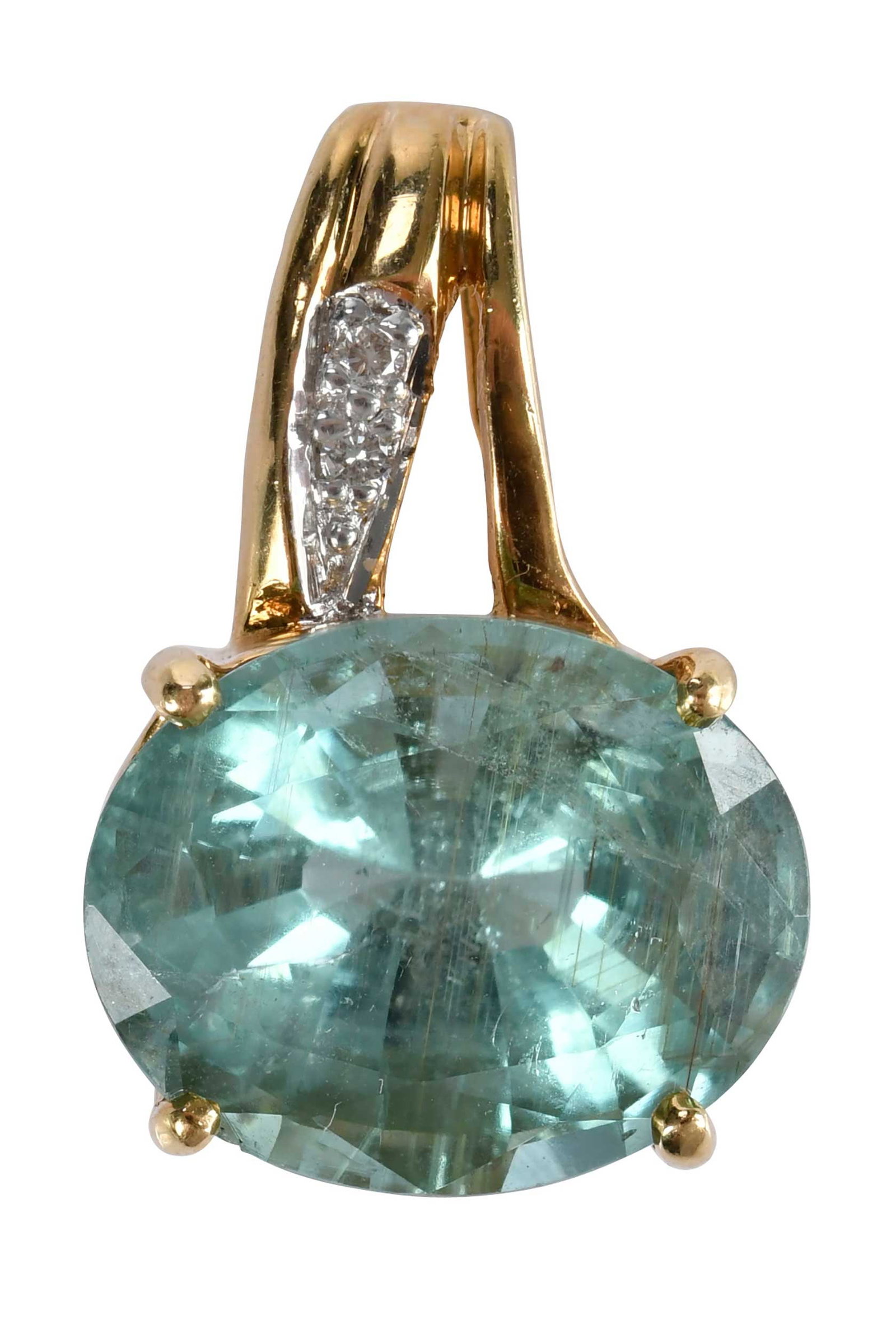 18kt. Light Blue Tourmaline and Diamond Pendant: oval mixed faceted cut tourmaline, approx. 8.00ct., two round faceted cut diamonds, marked "18K, TG", yellow gold, 3/4 in. length, 4.6 g Provenance: Private Collection, Virginia Beach Note: Accompanie