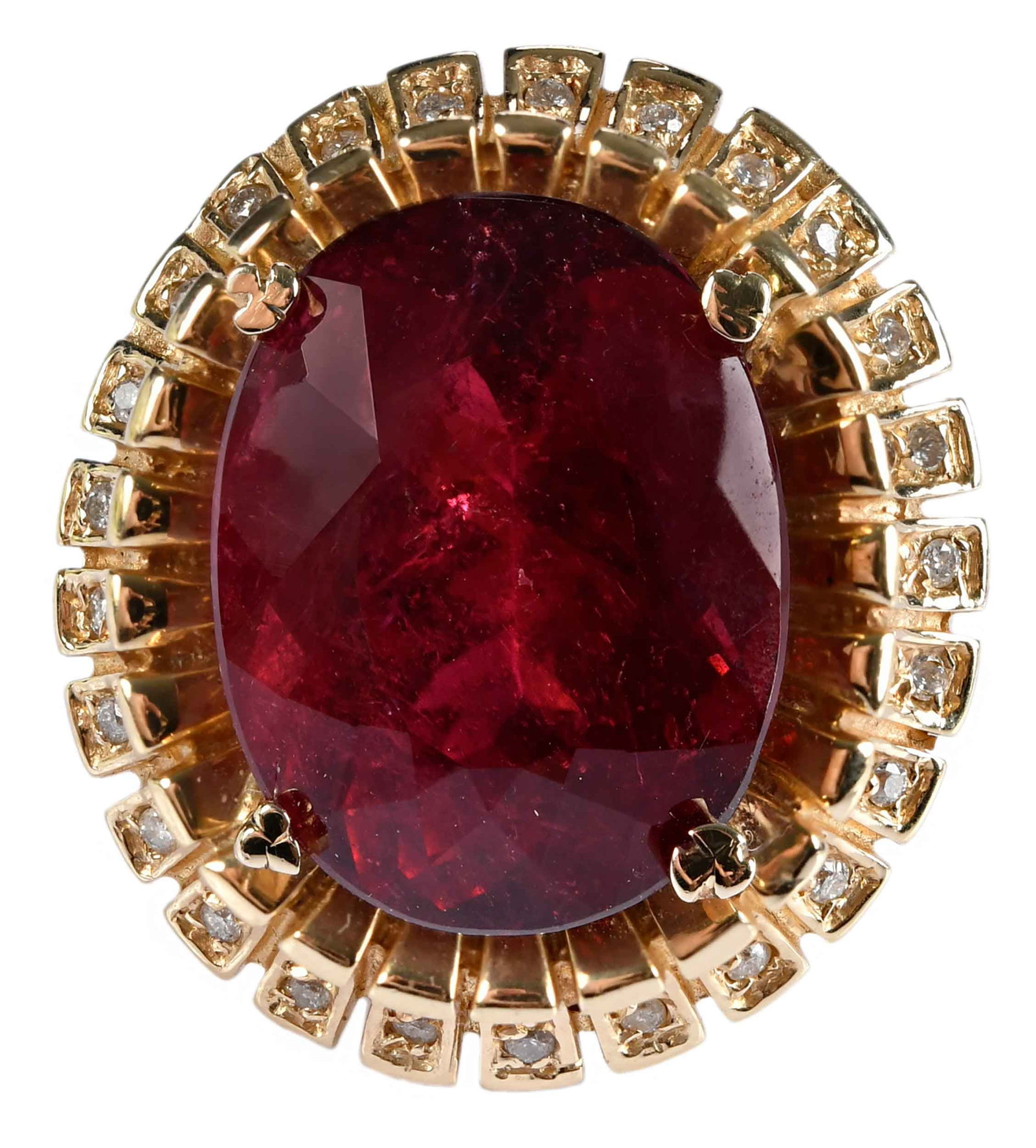 14kt. Rubellite and Diamond Ring: modified oval faceted rubellite, 20.33ct., 75 round faceted cut diamonds, approx. 0.75ctw., I, H-J, marked "14k" yellow gold, 9 ring sz., 23.7 g Provenance: Private Collection, Virginia Beach Note: Ac