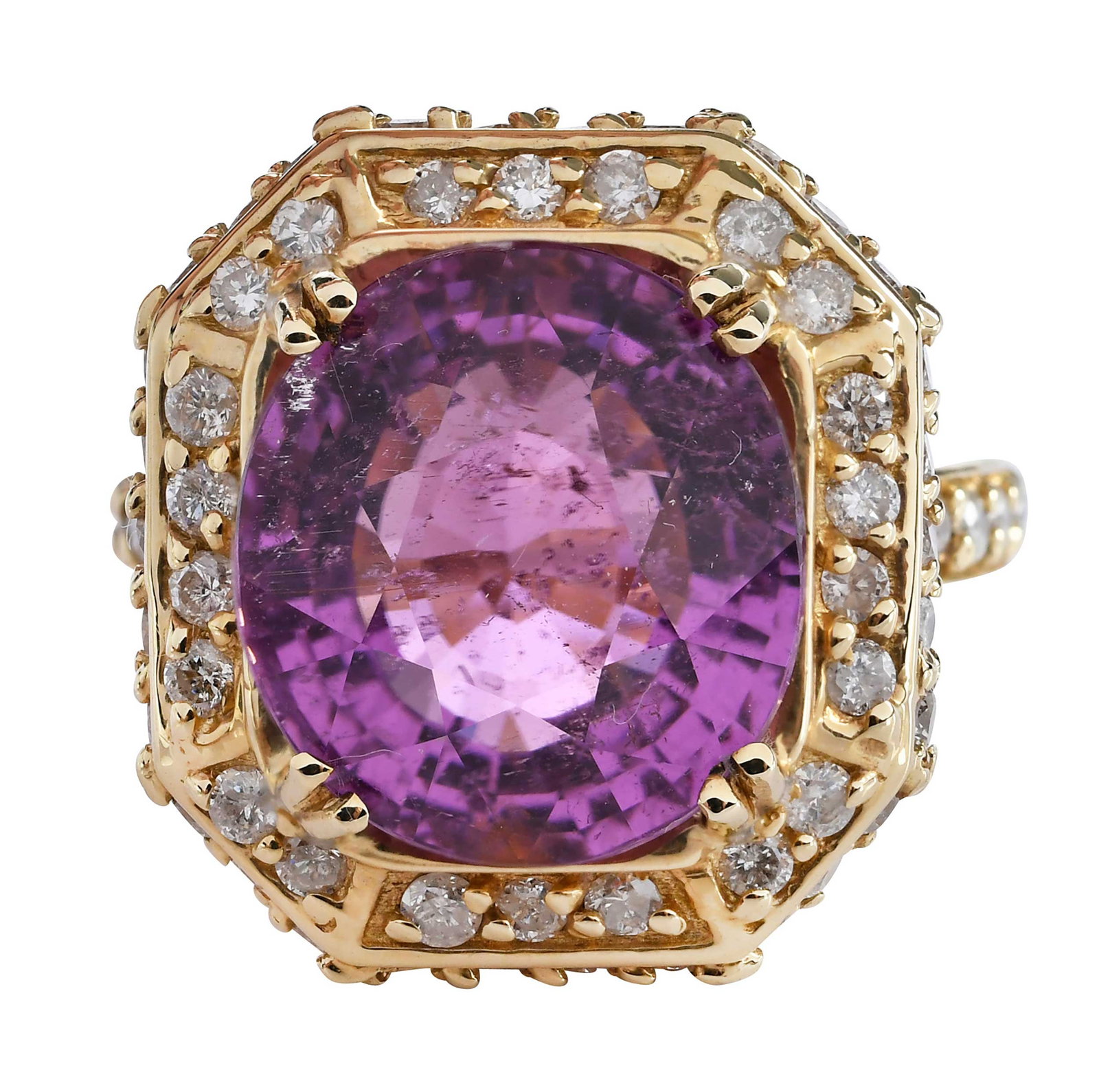 14kt. Pink Tourmaline and Diamond Cocktail Ring: oval faceted pink tourmaline, approx. 13.90ct., 58 round faceted diamonds, approx. 1.90ctw., SI-I, H-J, marked "14K", yellow gold, 8 ring sz., 16.1 g Provenance: Private Collection, Virginia Beach Not