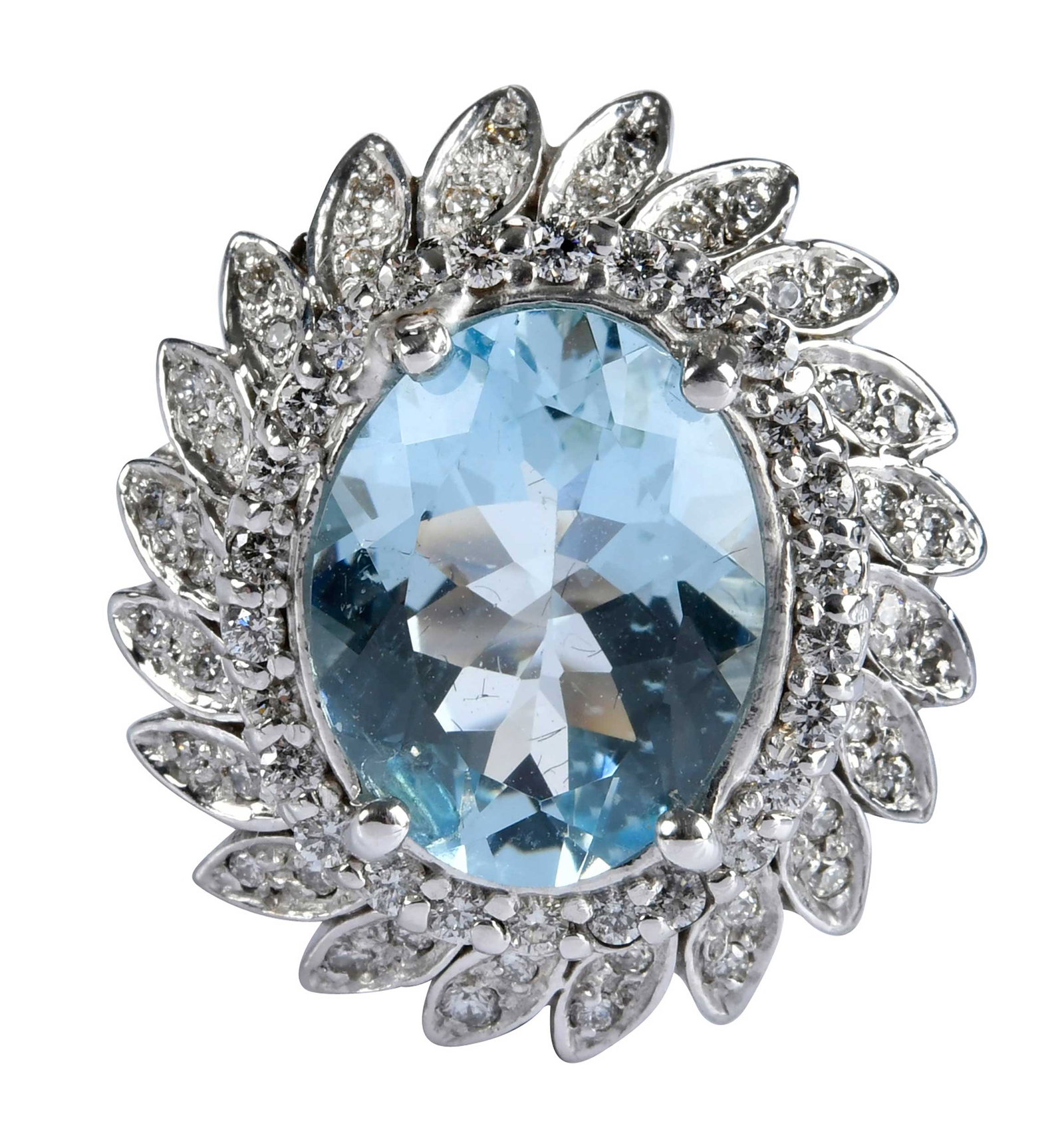 14kt. Aquamarine and Diamond Split Shank Ring: oval faceted aquamarine, approx. 5.10ct., 66 round faceted diamonds, approx. 0.90ctw., marked "14K", white gold, 8 ring sz., 25.0 x 22.0mm overall design, 13.6 g Provenance: Private Collection, Virgin