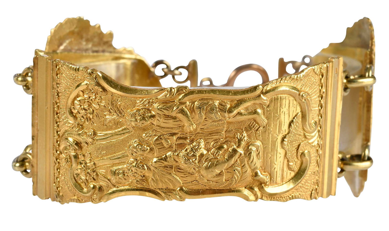 18kt. Repousse Bracelet: three repousse panels, marked "DW", tests 18kt. yellow gold, engraved "Jtsk Luykes", center panel 2-3/8 in. x 7/8 in. at widest area, two side panels each 1-1/4 in. x 1-3/8 in. at widest area, complet