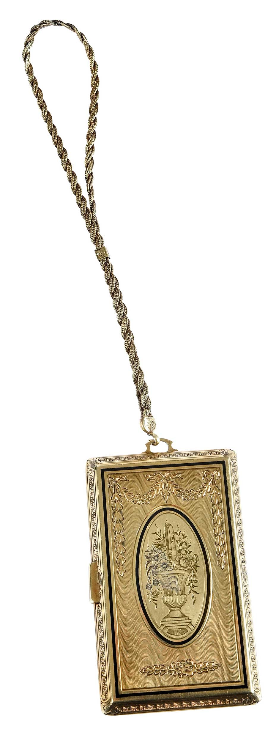 14kt. Vintage Enameled Mirrored Compact: black enamel, hand engraved front, back, and edges, engraved initials, marked "14K, 8424, 81, 4182B co", yellow gold, case measurements 3 x 1-3/4 in., braided wrist chain with sliding clasp, 6 in. len