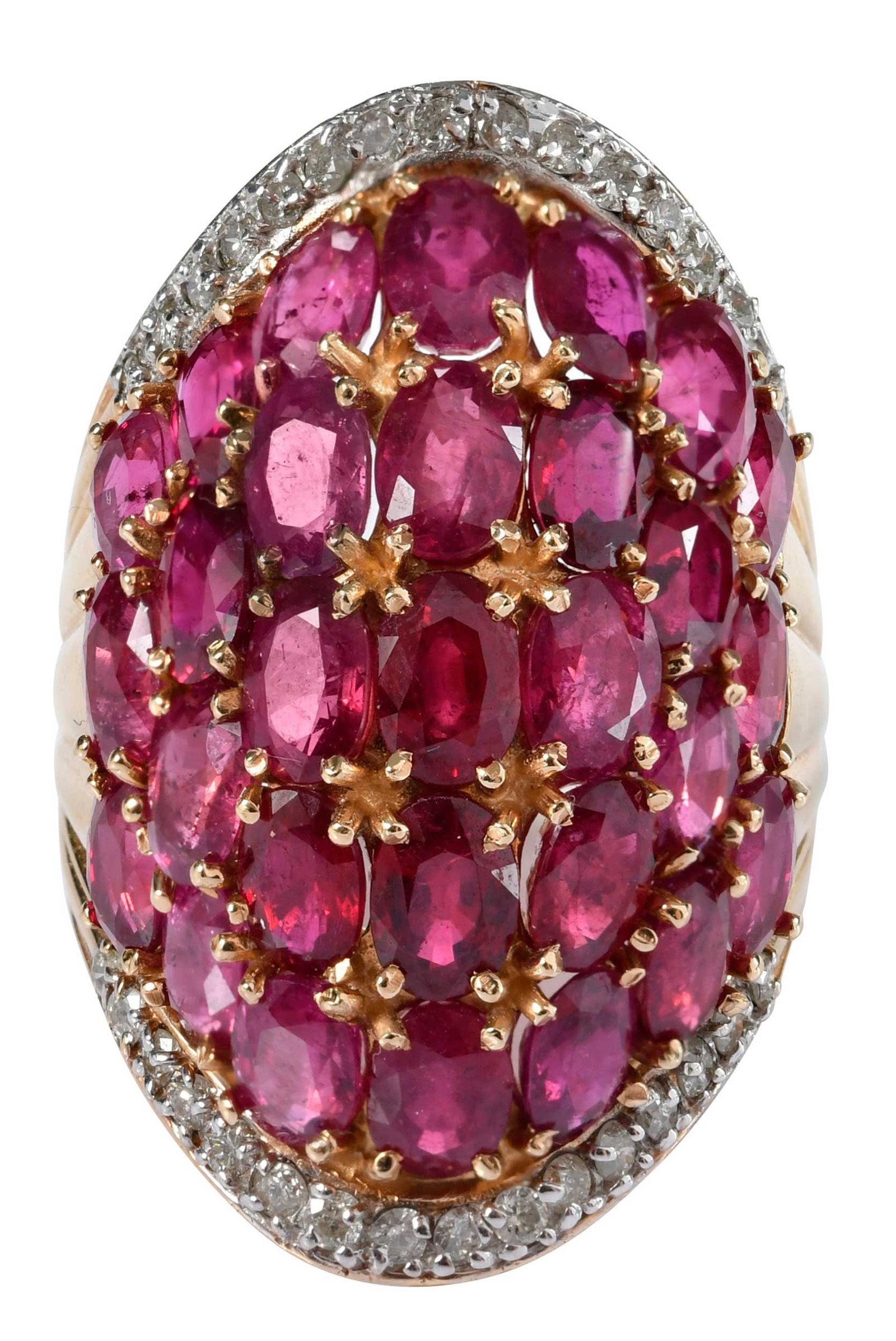 14kt. Vintage Ruby and Diamond Statement Cocktail Ring: bombe design, 29 oval faceted rubies, approx. 18.70ctw., 32 round faceted diamonds, approx. 0.75ctw., SI-I, H-I, marked "14K", yellow gold, 10-3/4 ring sz., 36mm width, 16.9 g Provenance: Private Coll