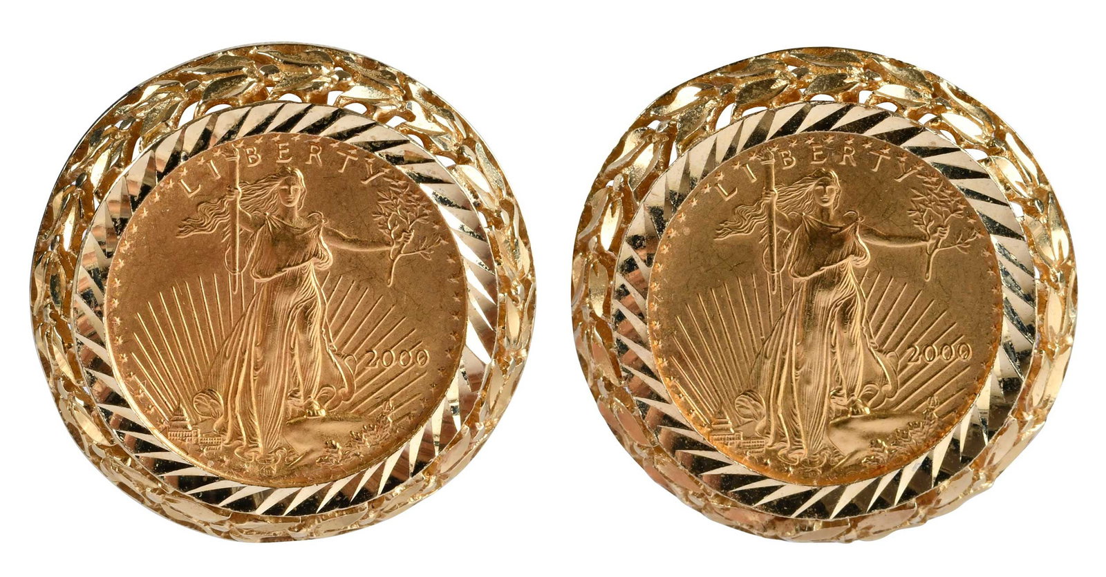 14kt. American Eagle 1/10oz. Gold Coin Earrings: circa 2000, diamond cut frame, marked "14k", yellow gold, omega post backs, 22.0 mm diameter, 12.8 g Provenance: Private Collection, Virginia Beach Note: Brunk Auctions does not guarantee the accuracy