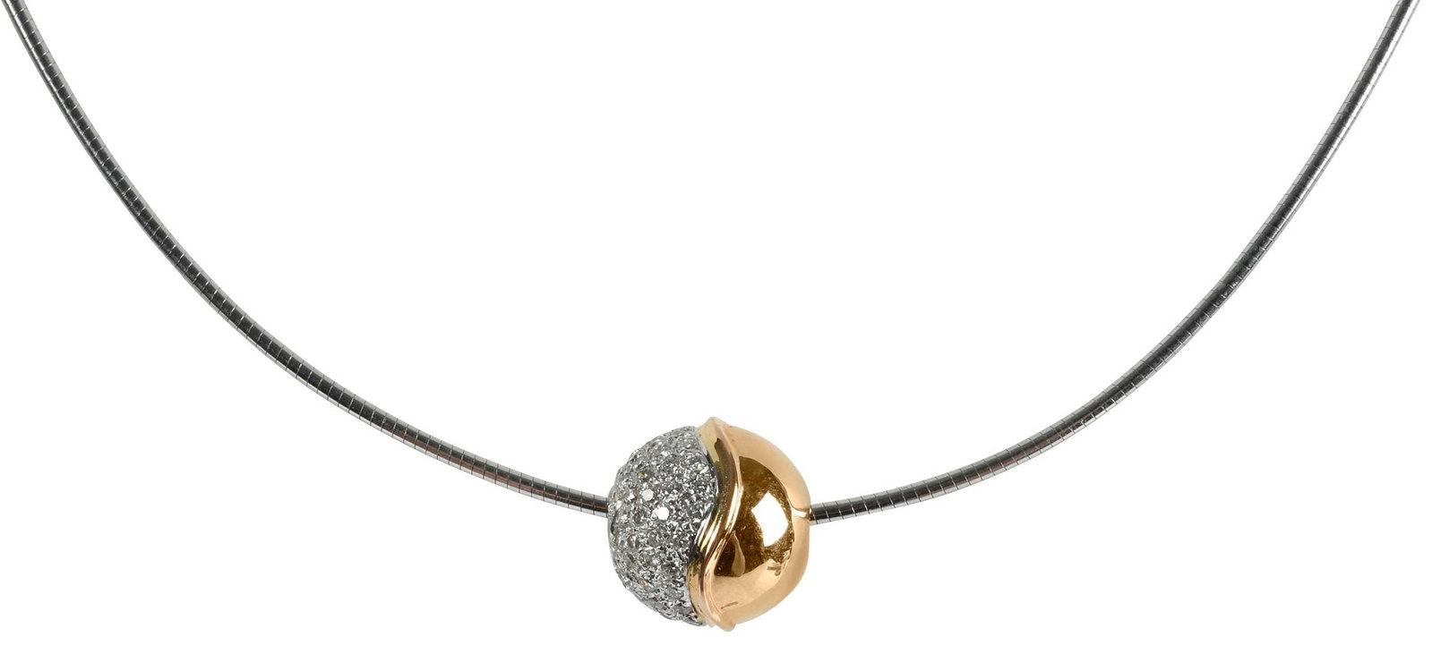 18kt. Italian Diamond Pendant on Thin Omega Necklace: round faceted diamonds, pave set on half, approx. 0.50ctw., 14.0mm diameter, marked "ITALY, RCI, 750", pendant yellow gold, chain white gold, 16 in. length, 1.50mm width, 12.5 g Provenance: Estate of 