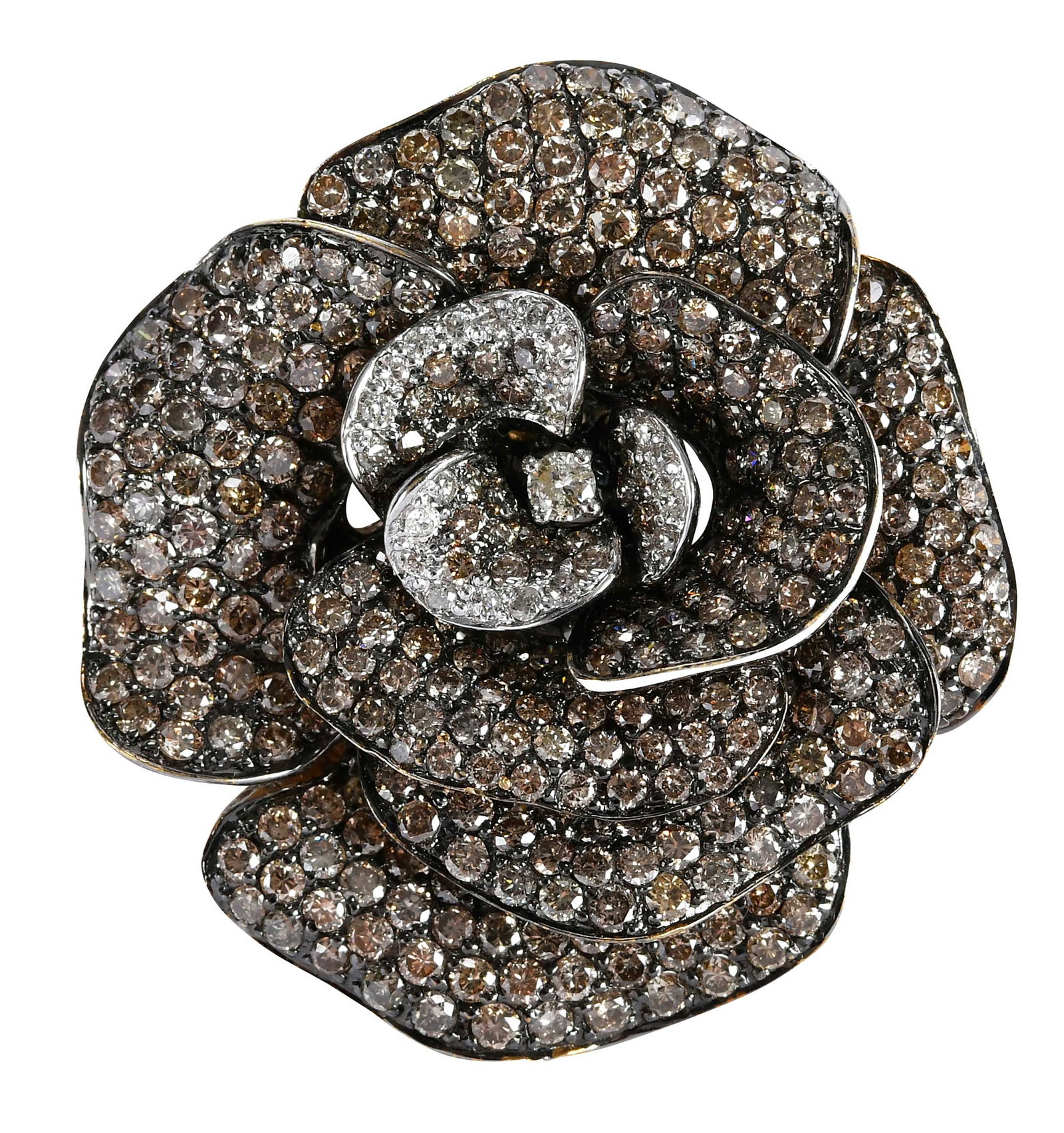 18kt. Champagne Diamond Flower Brooch, Pendant: approx. 373 round faceted diamonds, approx. 7.50ctw., SI-I, G-I, and champagne, marked "750", yellow gold, 1-1/2 in. diameter, black rhodium finish, straight pin and hidden rabbit ear bail, 41.2 g Pro