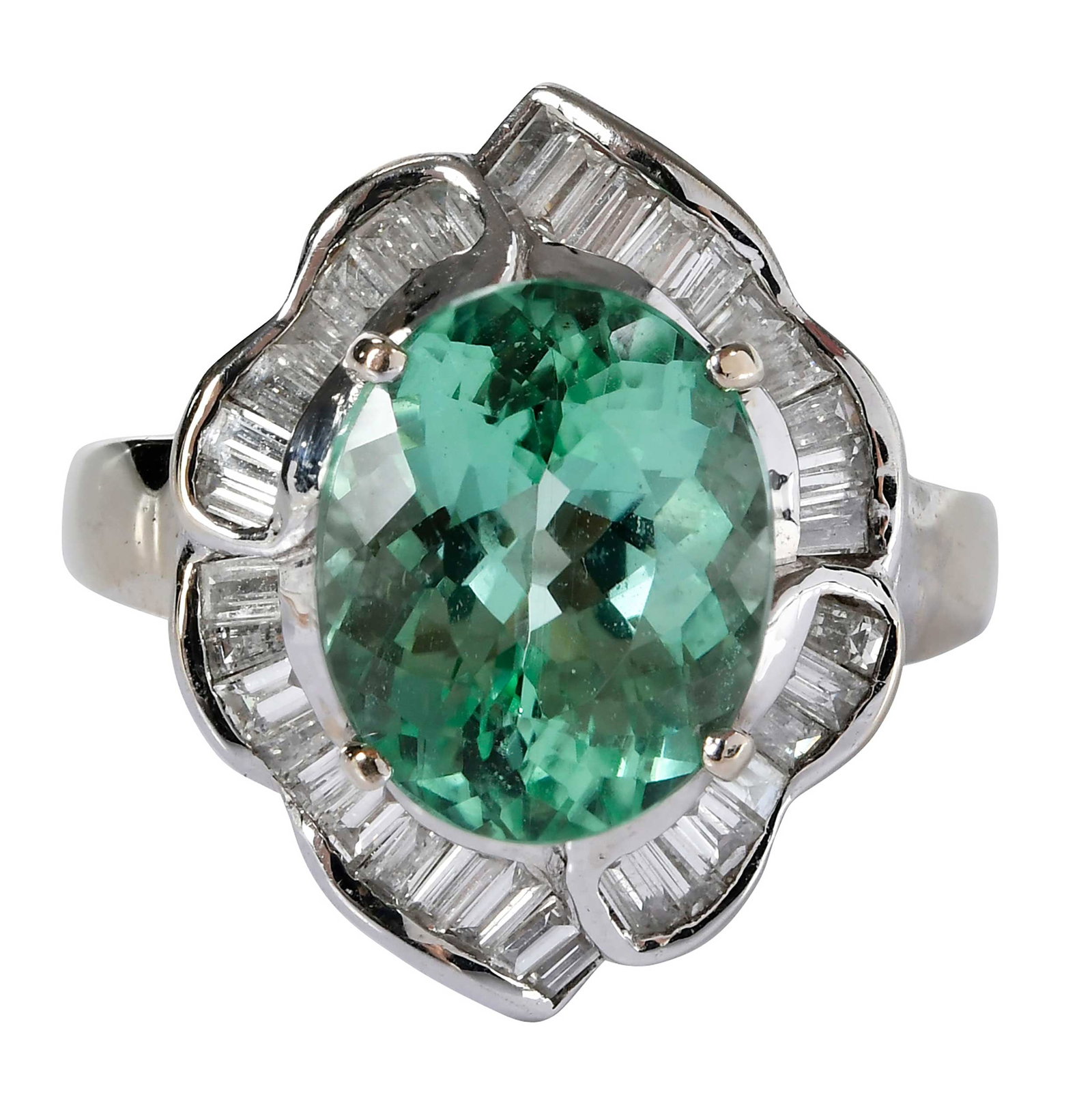 18kt. Paraiba Type Tourmaline and Baguette Diamond Tutu Style Ring - GIA: center modified oval faceted Mozambique Paraiba type tourmaline, approx. 12.10 x 9.90 x 7.07mm, approx. 5.50ct., GIA # 1236922621, 35 baguette cut diamonds, approx. 0.60ctw., VS, F-H, marked "750", wh
