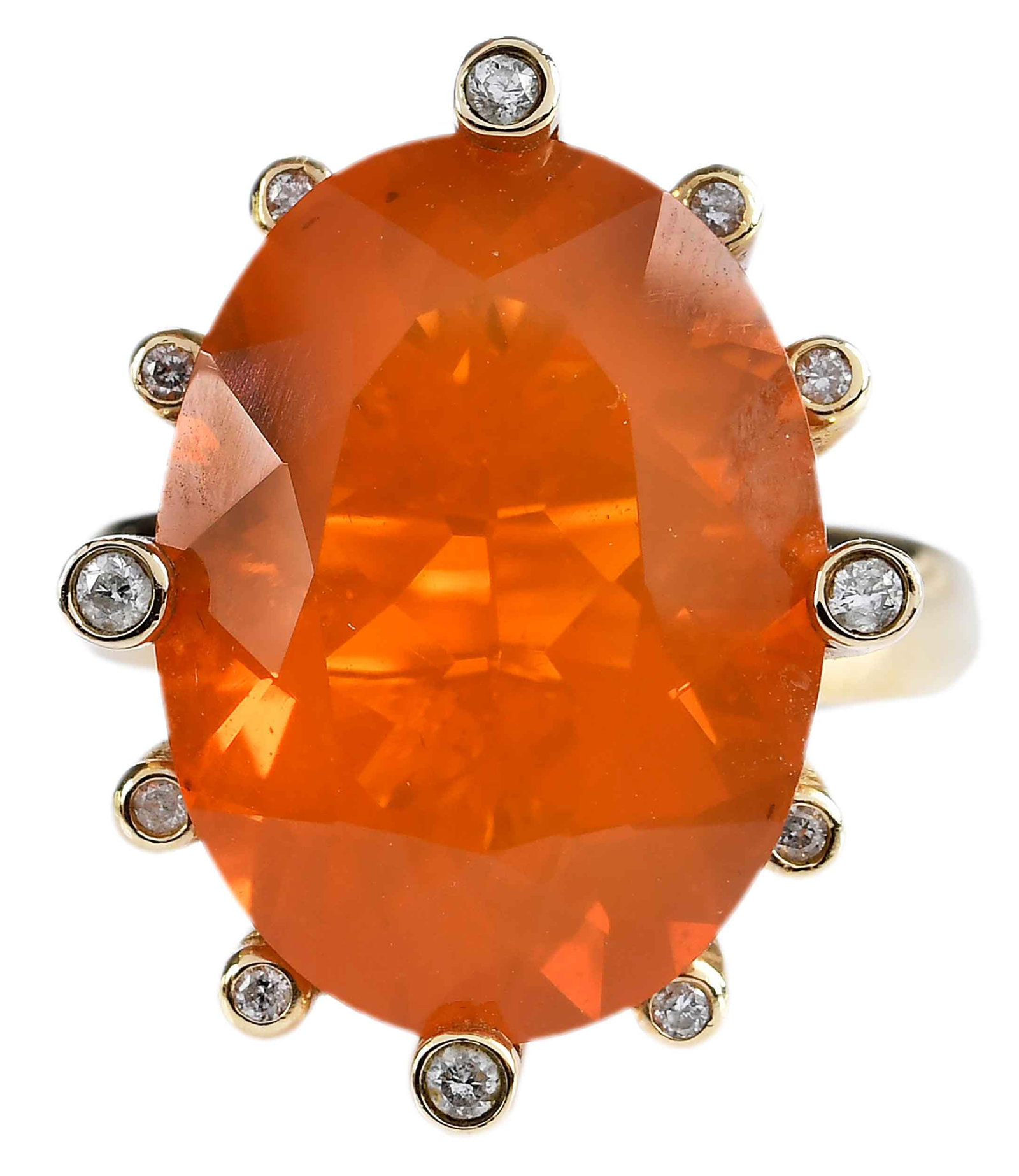 14kt. Large Fire Opal and Diamond Ring: oval Portuguese cut fire opal, approx. 11.80ct., 12 round faceted diamonds, approx. 0.25ctw., marked "14K", yellow gold, 9 ring sz., 11.1 g Provenance: Private Collection, Virginia Beach Note: Brunk A