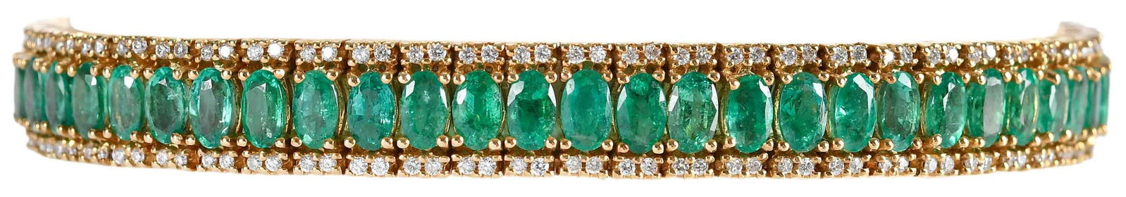 18kt. Emerald and Diamond Fancy Line Bracelet: 57 oval faceted emeralds, approx. 12.25ctw., 228 round faceted diamonds, approx. 1.15ctw., SI. G-H, marked "18kt, ILIANA", yellow gold, 7-1/8 in. length, 8.5mm width, 31.7 g Provenance: Private Collec