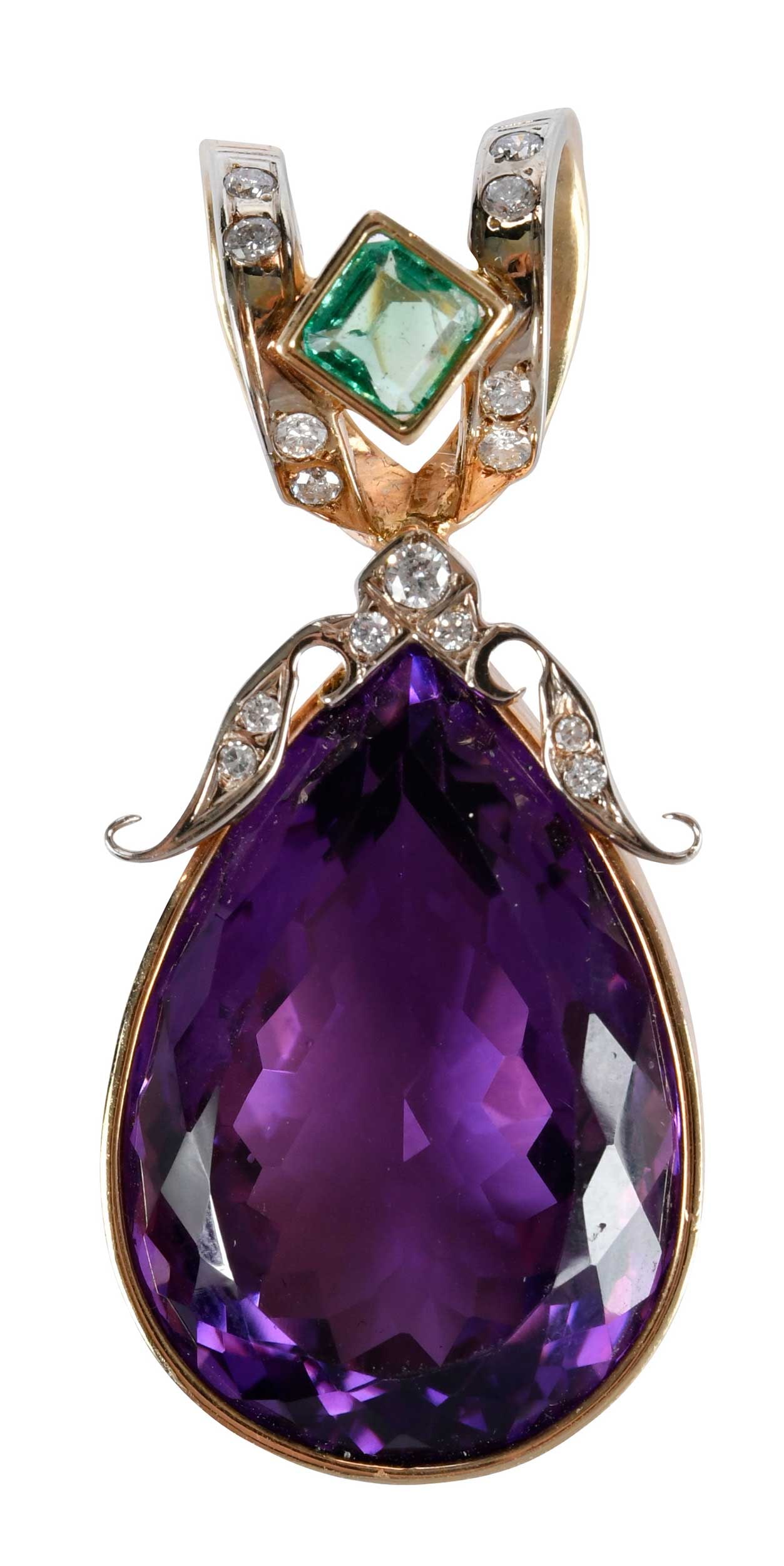 14kt. Amethyst, Diamond and Emerald Pendant: modified faceted pear cut amethyst, approx. 31.80ct., 15 full and single cut round faceted diamonds, approx. 0.30ctw., one square step cut emerald, approx. 0.50ct., marked "14K", yellow and white gold