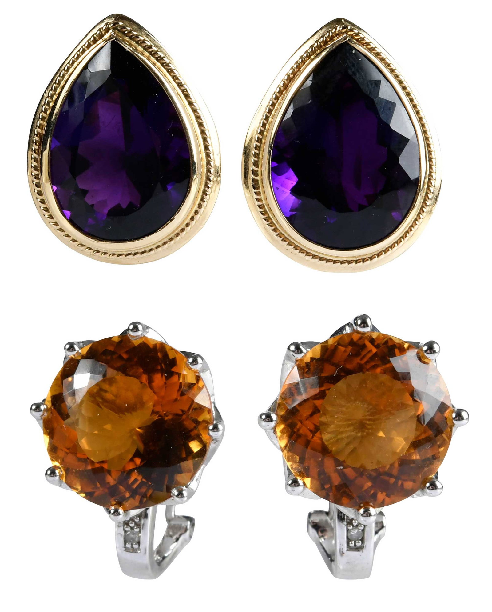 Two Pairs of Gold Gemstone Fashion Earrings, Amethyst and Citrine: two pear cut faceted amethysts, approx. 16.00ctw., marked "14K," yellow gold, omega post backs, 21.5 x 17.0mm design diameter, 10.7 g; two round faceted citrine, approx. 20.00ctw., four round single c
