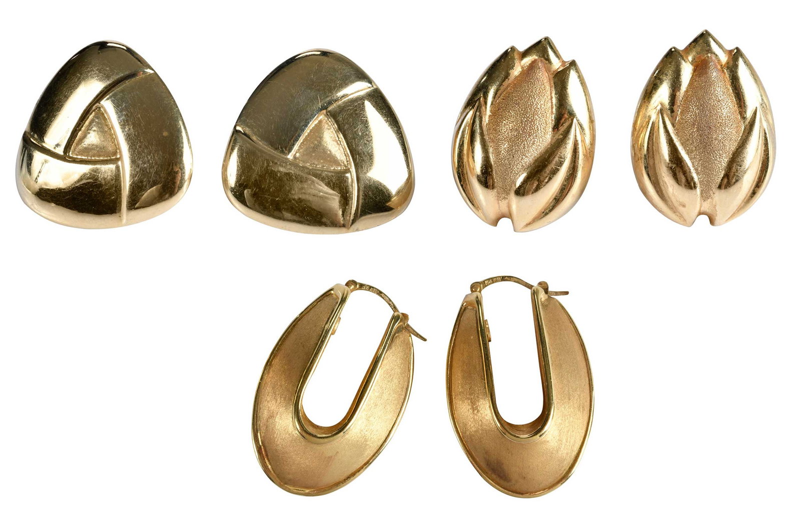 Three Pairs of 14kt. Italian Fashion Earrings: comprising: high polish and satin finish, omega post backs, marked "14k, ITALY", yellow gold, 19.2 g; satin finish, hoop design, marked "14k, ITALY", yellow gold, 6.6 g Provenance: Private Collection,