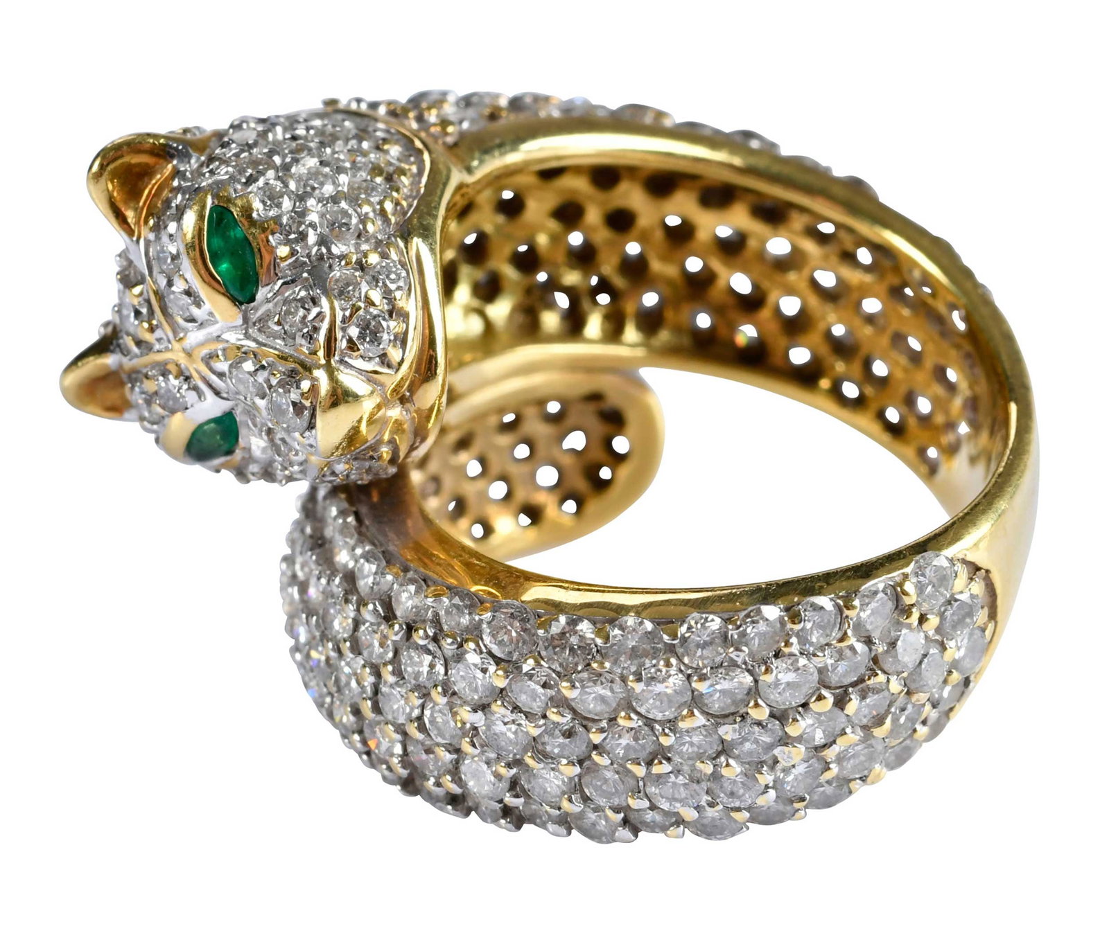 18kt. Diamond Panther Wrap Ring with Emerald Eyes: two marquise cut emerald eyes, round faceted cut diamonds, approx. 6.00ctw., pave set, tests 18kt. yellow gold, 8-1/4 ring sz., 18.7 g Provenance: Private Collection, Virginia Beach Note: Accompanied 