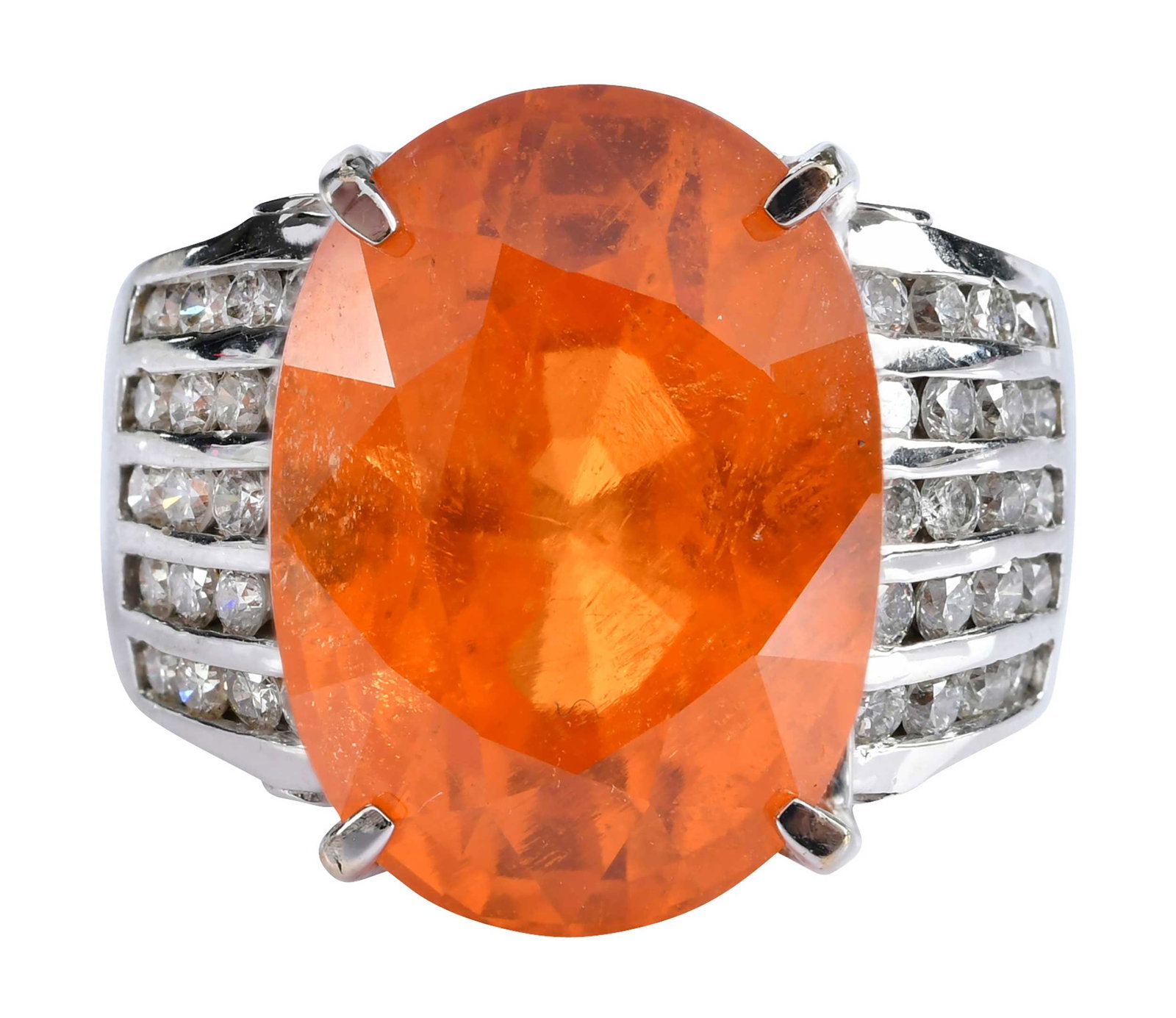 14kt. Spessartite Garnet and Diamond Ring: center oval faceted spessartite garnet, approx. 18.46 x 13.35 x 11.28mm, approx. 27.20ct., 40 round faceted diamonds, approx. 1.20ctw., SI, H-I, marked "14K", white gold, 9-1/4 ring sz., 14.1 g Proven