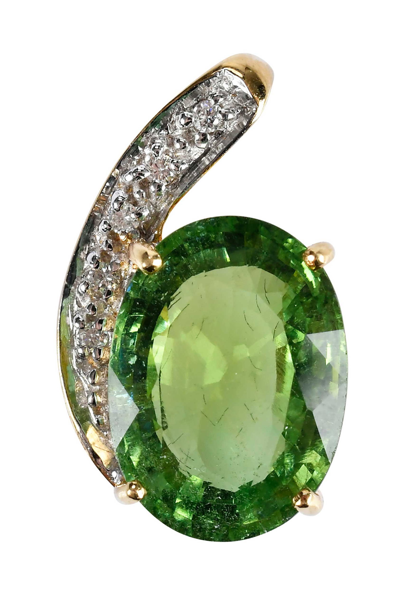 18kt. Oval Yellowish Green Tourmaline Pendant with Diamonds: oval cut faceted tourmaline, approx. 6.60ct., five round faceted cut diamonds, marked "18K", yellow gold, 3/4 in. length, 4.6 g Provenance: Private Collection, Virginia Beach Note: Accompanied by an a