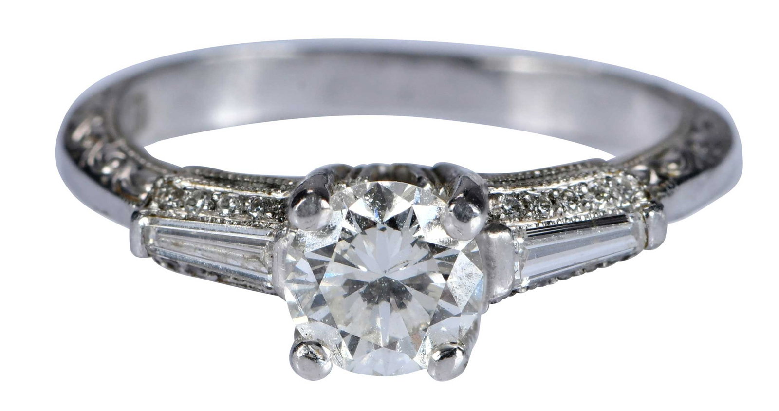 Platinum Tacori Diamond Ring with Diamond Accents: round brilliant cut diamond, approx. 0.80ct., VS-SI, H-I, flanked by two tapered baguette diamonds and accented by 20 round full cut diamonds, marked "TACORI, PLAT", platinum, 6-1/2 ring sz., 6.3 g Pr