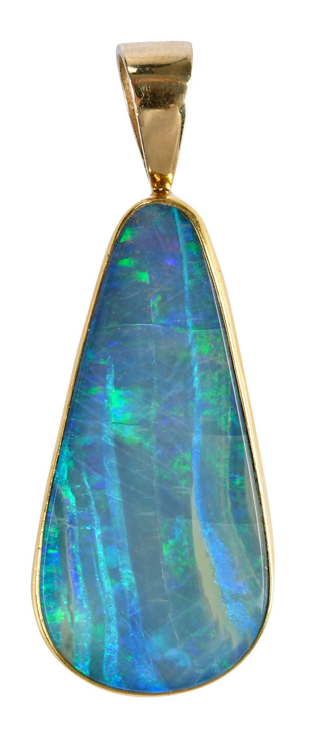 14kt. Bezel Set Opal Pendant: semi pear shape cabochon opal, approx. 30.00ct., marked "14K, 22K", bail is 14kt., bezel is 22kt. yellow gold, 2-1/4 x 3/4 in. with bail, 13.9 g Provenance: Private Collection, Virginia Beach Note: Ac