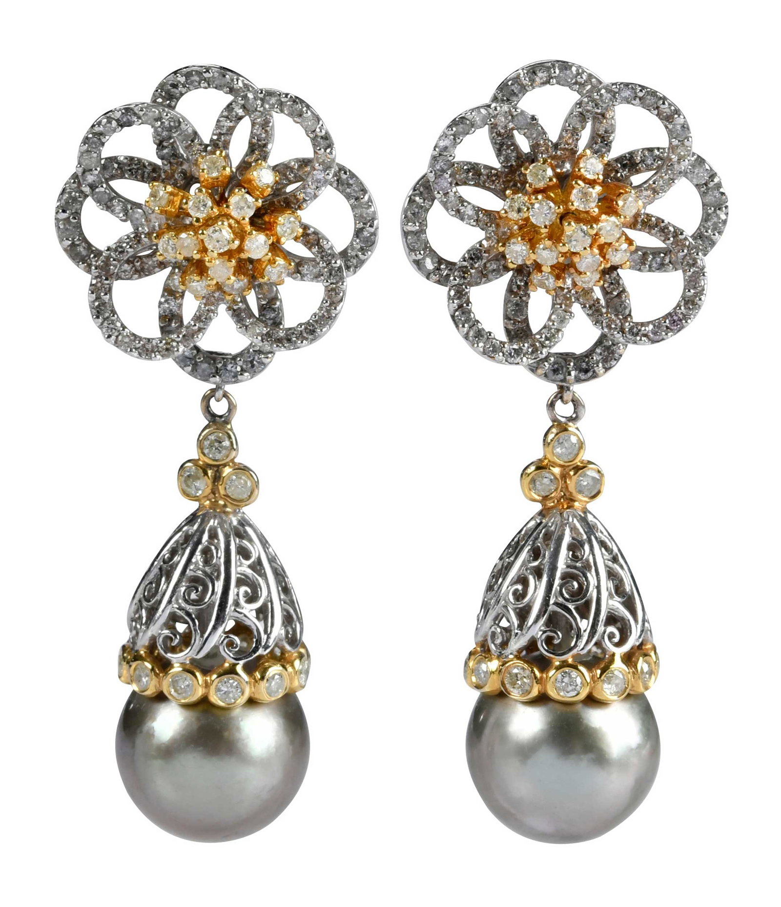 18kt. Tahitian Pearl and Diamond Drop Earrings: suspending two Tahitian pearls, approx. 12.0 - 12.5mm, grayish green, filigree floral design, and pearl caps accented by round faceted diamonds, approx. 3.00ctw., SI, white and faint yellow, tests 18k